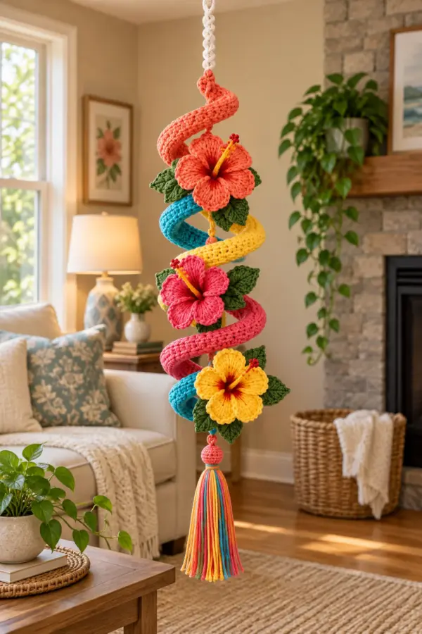 Rainbow crocheted spiral wall hanging with three hibiscus flowers and a multicolor tassel