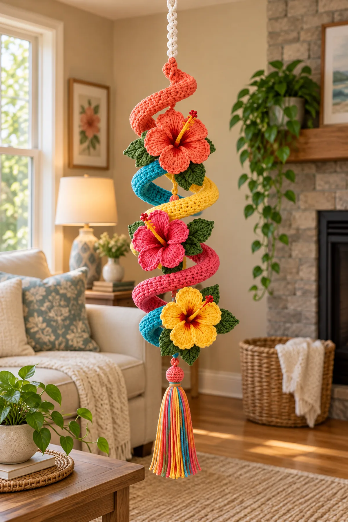 Rainbow crocheted spiral wall hanging with three hibiscus flowers and a multicolor tassel