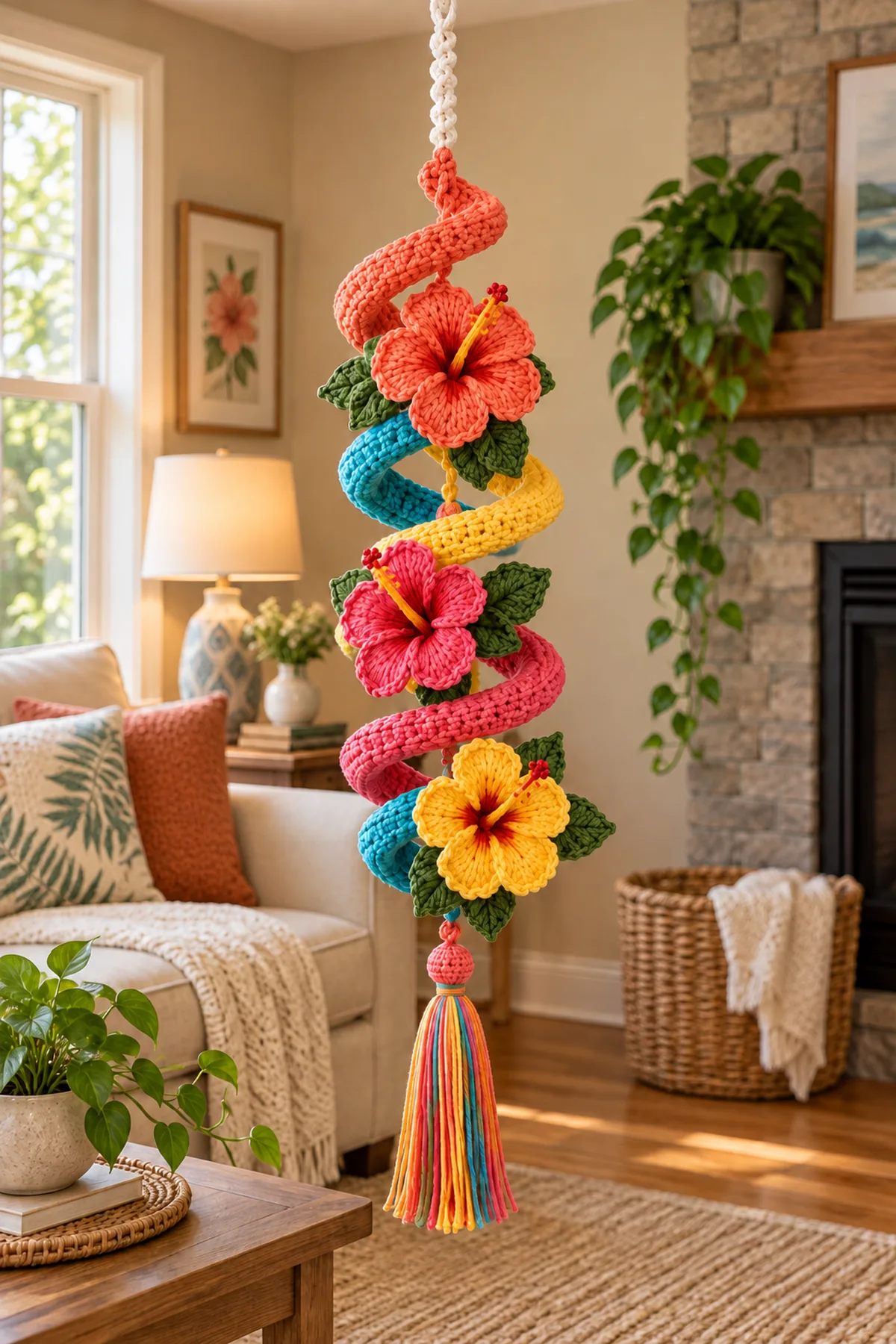 Finished rainbow hibiscus crochet spiral hanging suspended in a warm living room