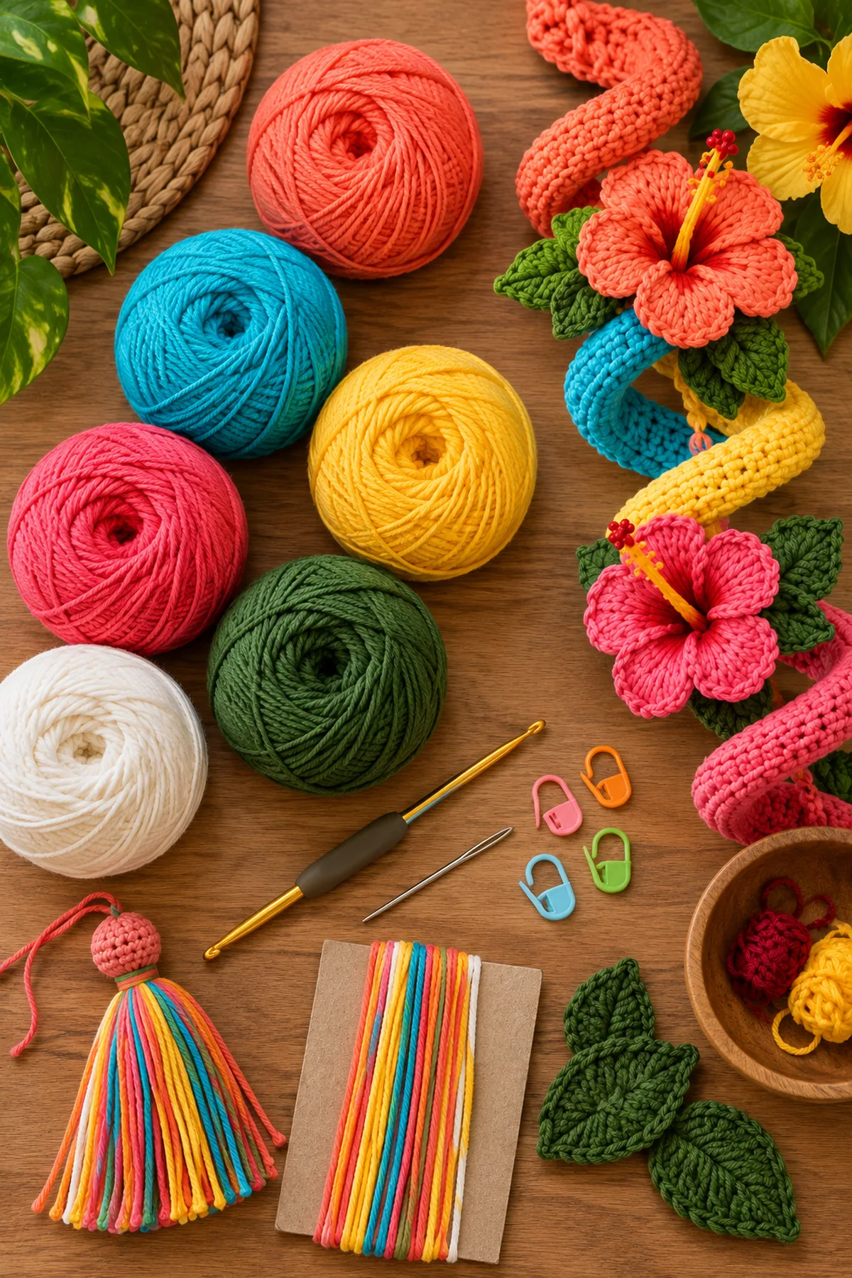 Coral turquoise yellow pink white and green cotton yarn with a crochet hook and tassel tools