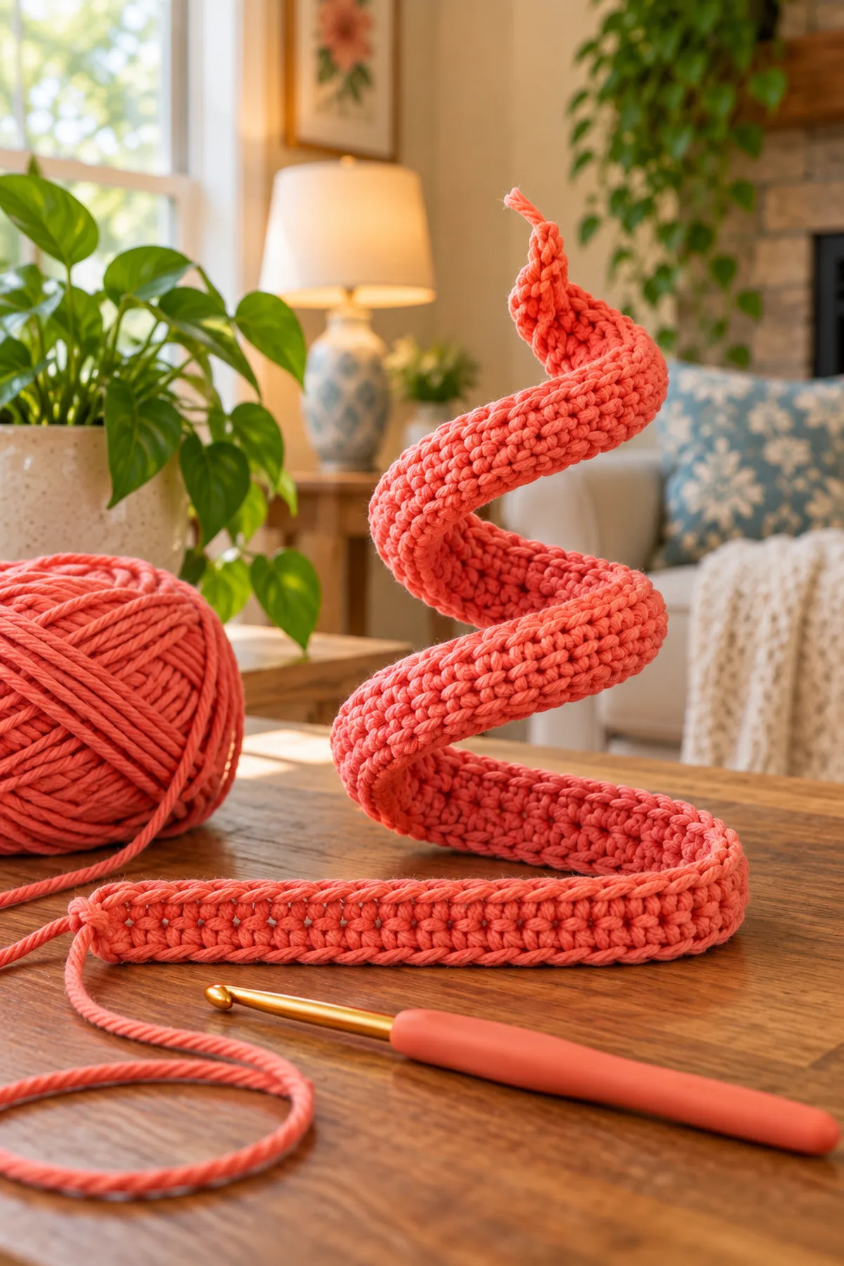 Close view of a coral crochet band curling from counted increase rows