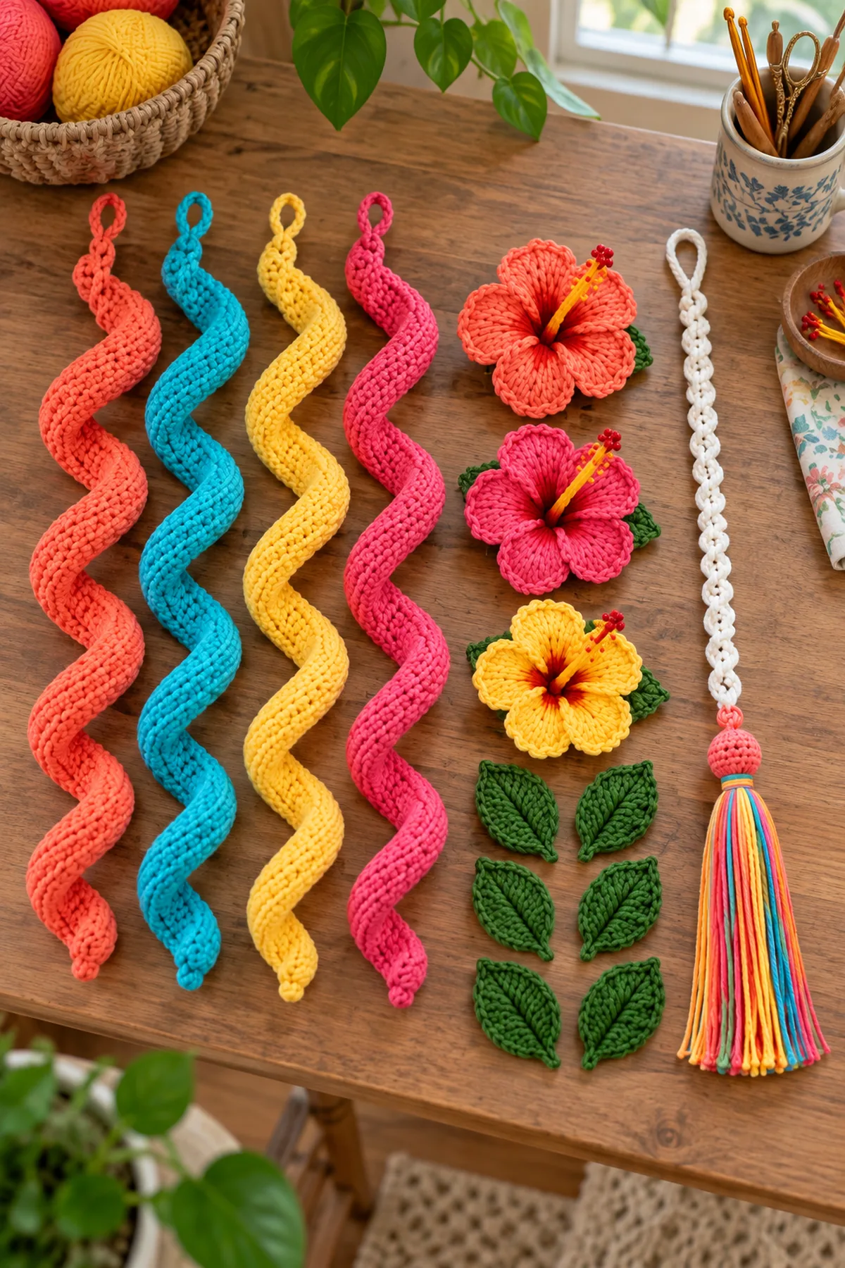 Three hibiscus flowers and four colored spiral bands laid beside a white hanging cord
