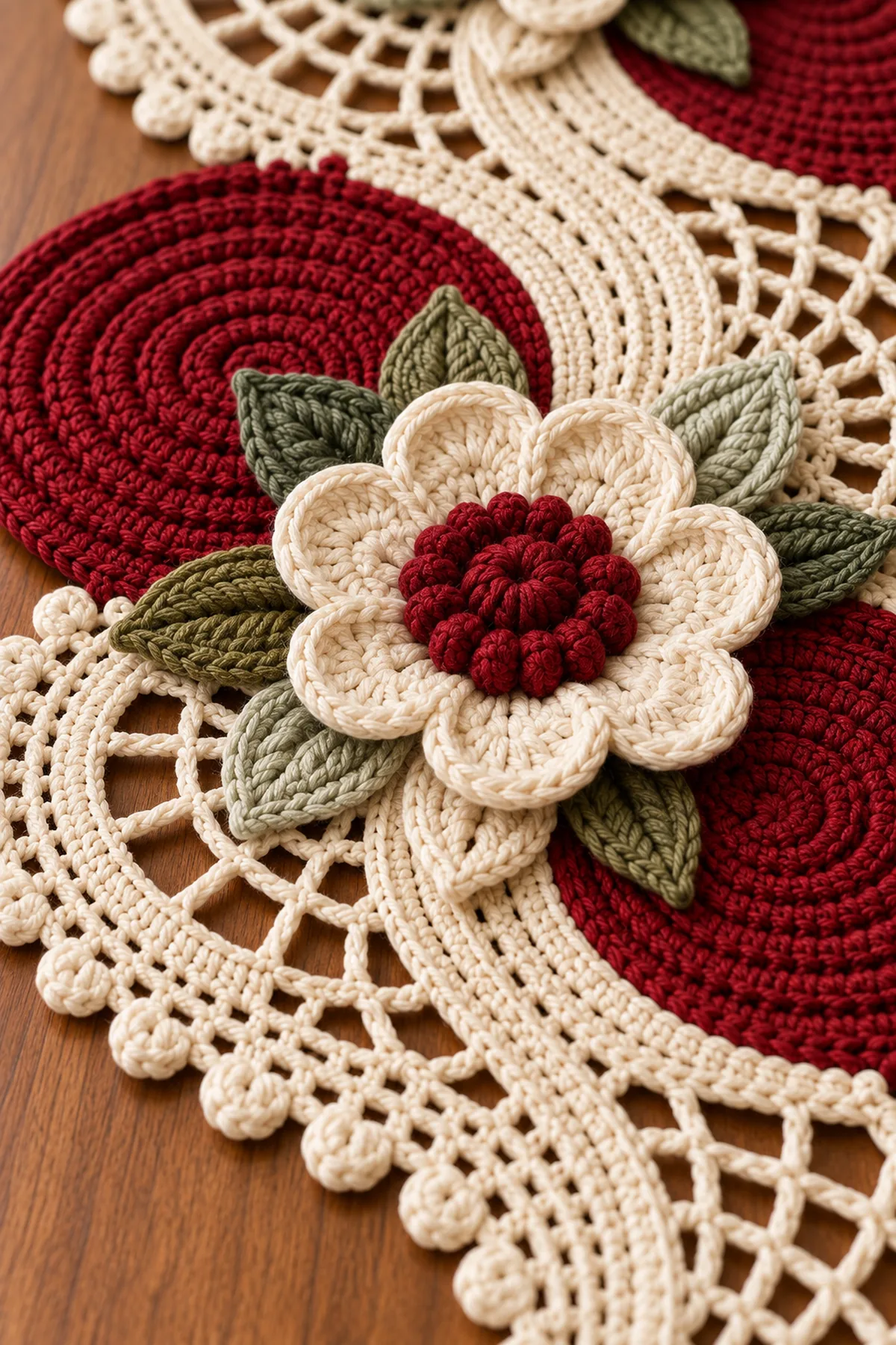 Close-up of layered ivory crochet flower with burgundy center sage ribbed leaves red circle and ivory scallop lace