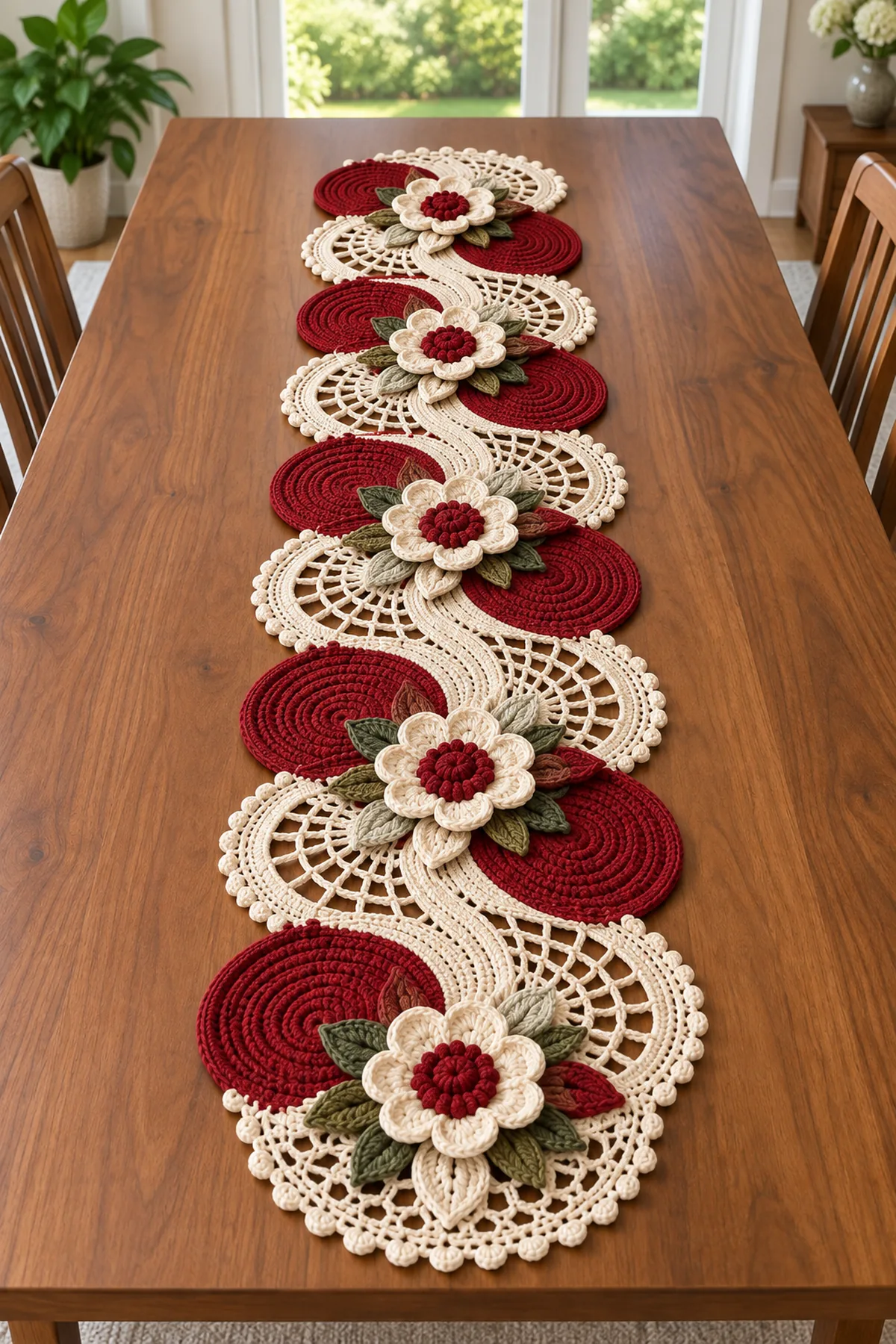 Red and cream floral lace crochet table runner with alternating burgundy round medallions ivory openwork fans and five raised flowers