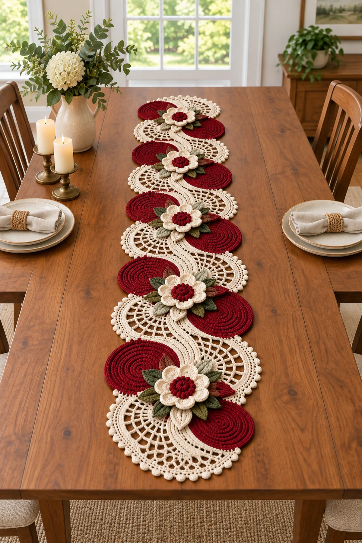 Red and cream floral lace crochet table runner styled on a warm wooden dining table