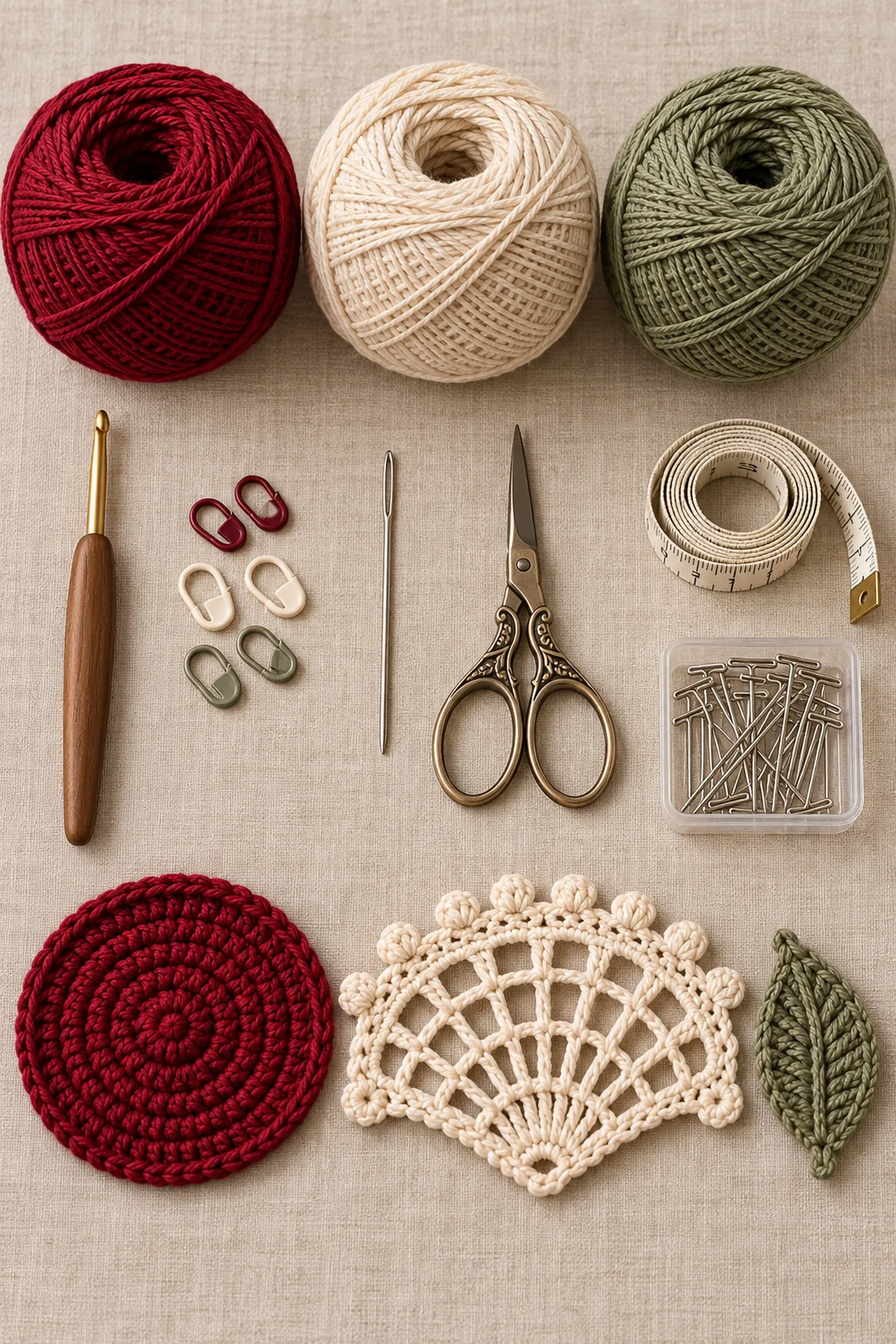 Burgundy cream and muted sage cotton yarn with hook markers needle scissors tape and blocking pins