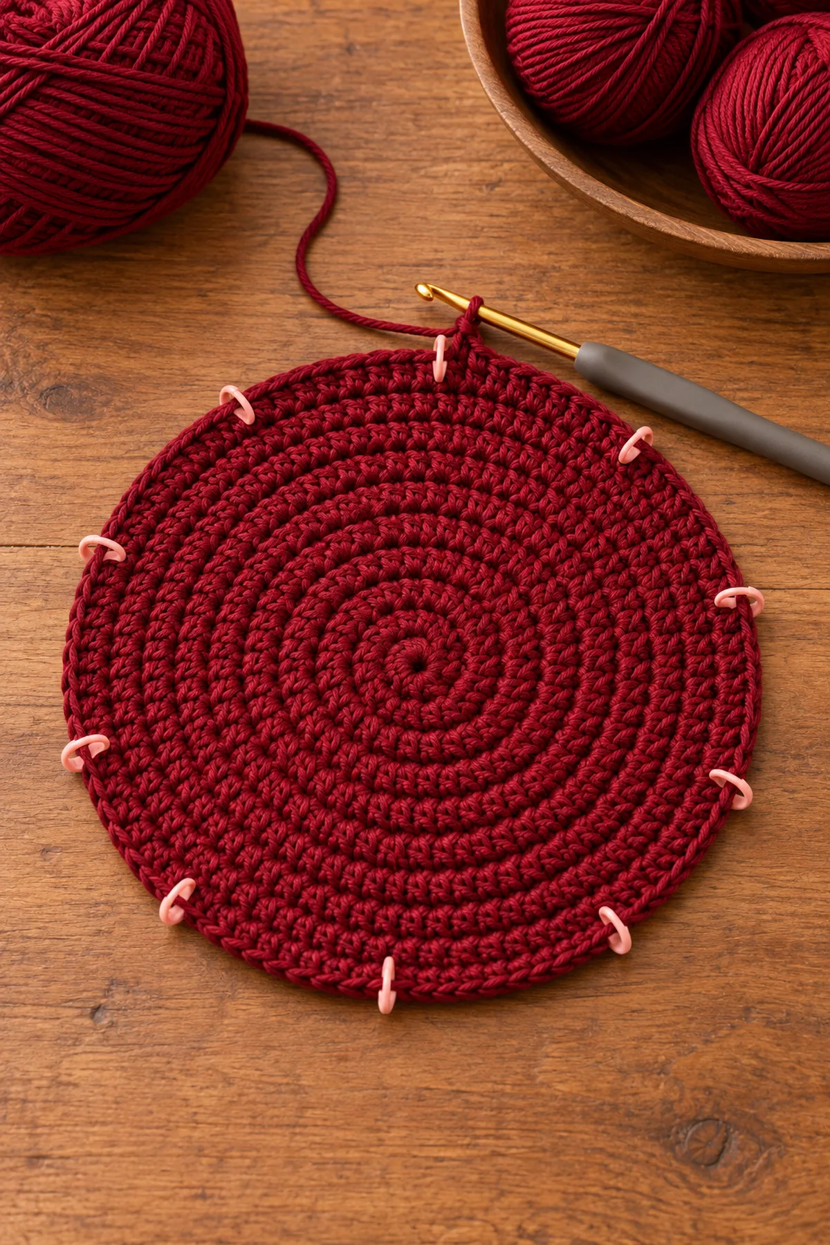 Partly completed burgundy round medallion with ten marked increase sectors