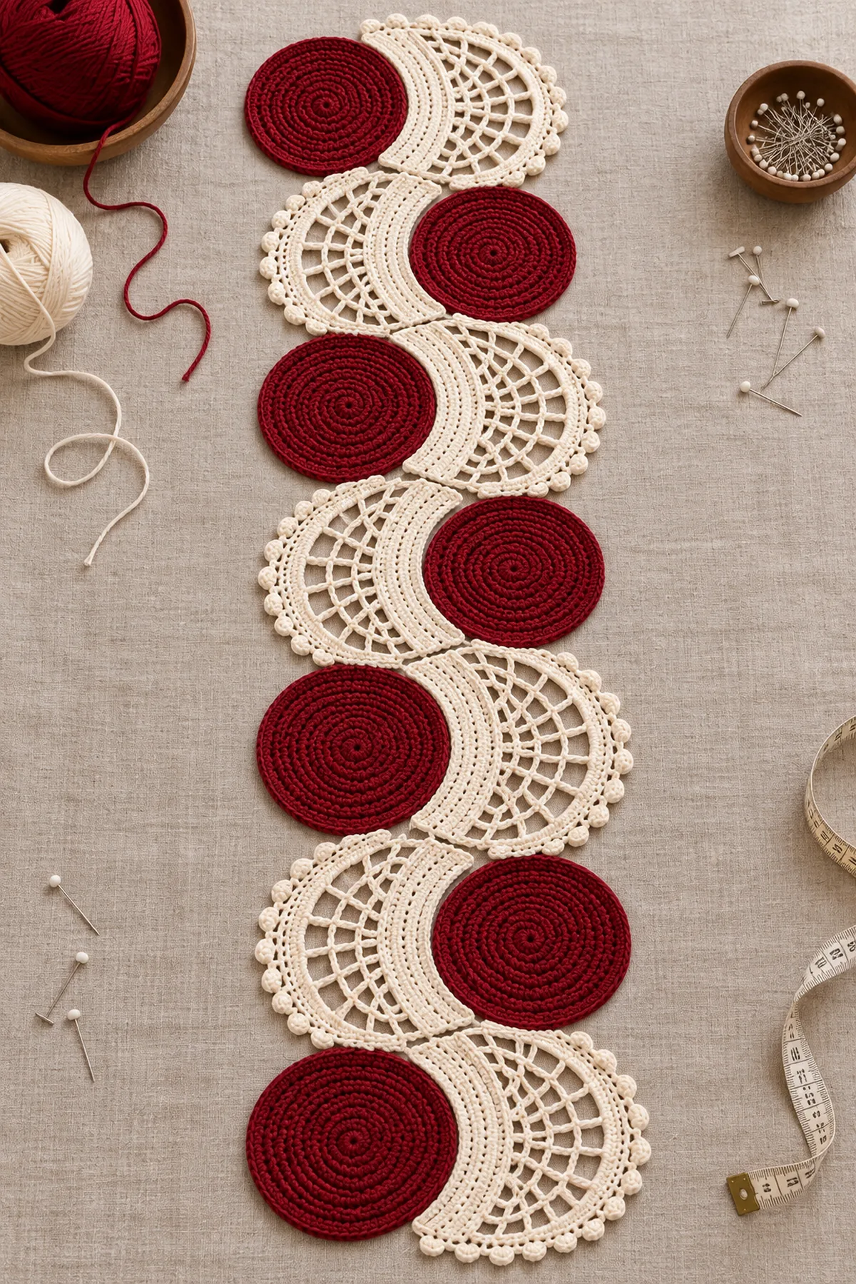 Six blocked burgundy crochet circles with alternating ivory filet fans arranged before joining