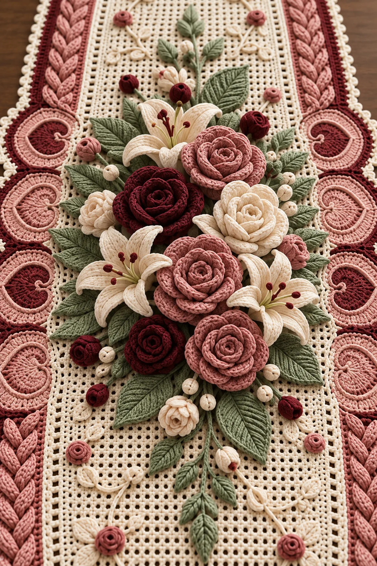 Close-up of burgundy dusty rose and cream crochet roses ivory lilies sage leaves buds mesh and braided border