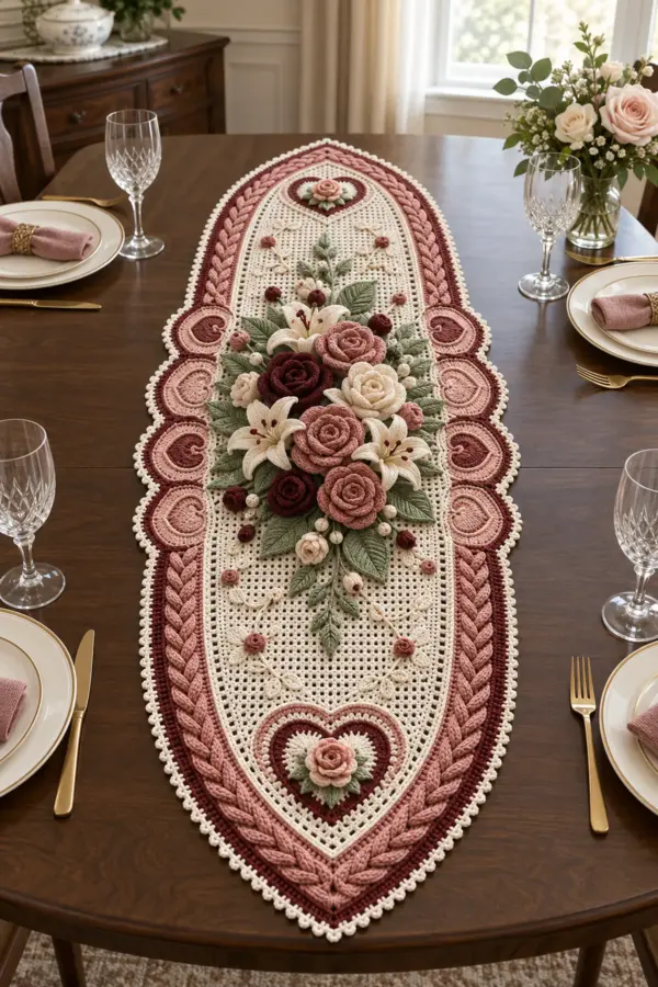 Romantic ivory rose garden crochet table runner with dusty rose and burgundy braided borders heart medallions and a central floral bouquet