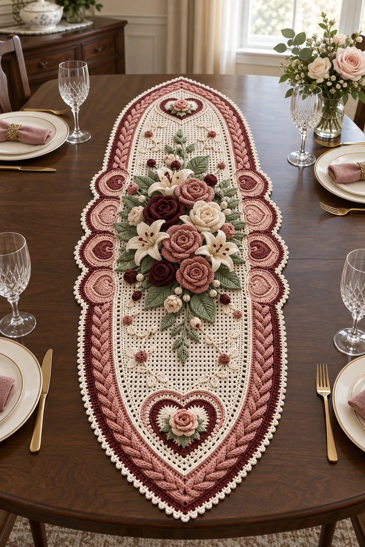 Romantic ivory rose garden crochet table runner with dusty rose and burgundy braided borders heart medallions and a central floral bouquet