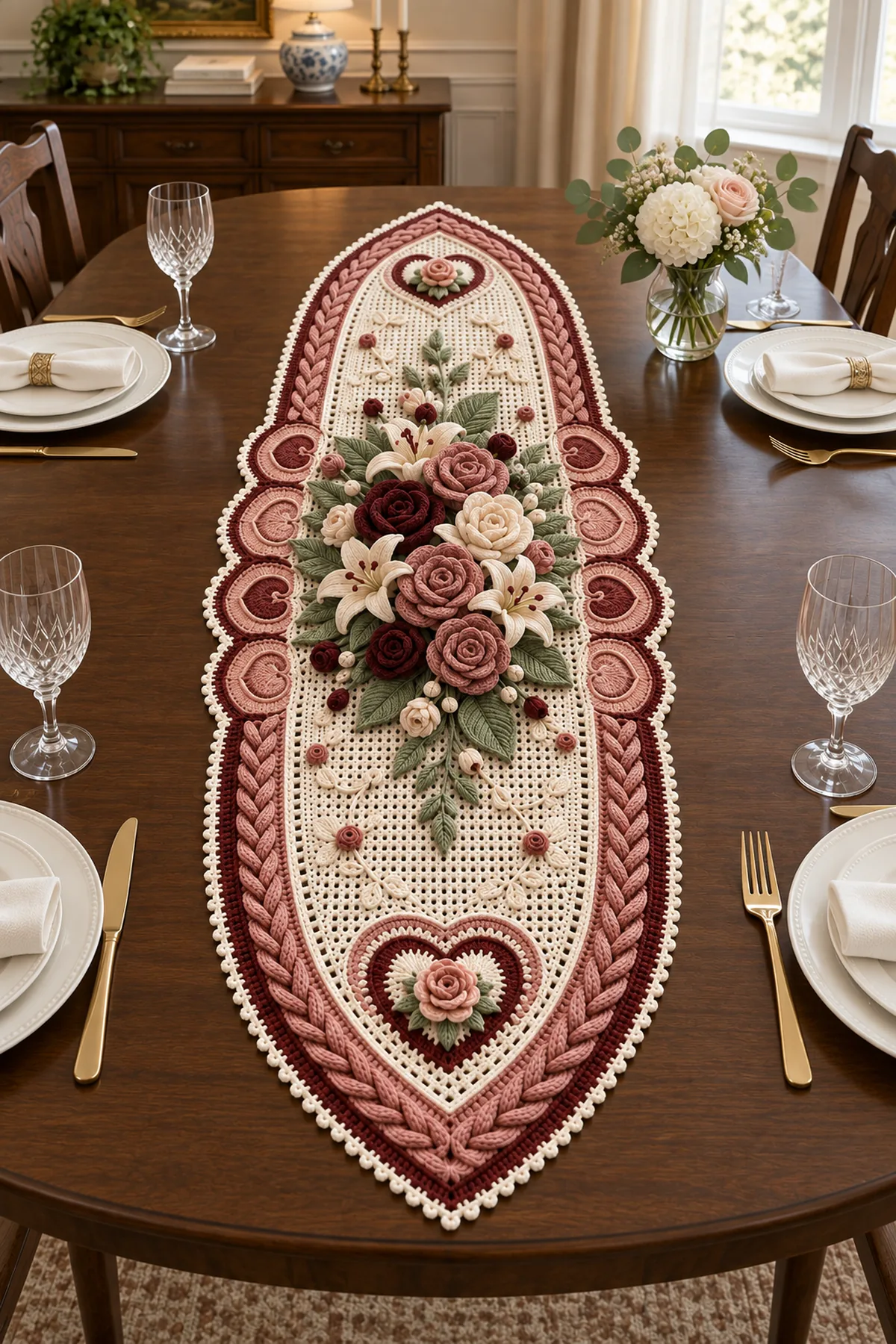 Romantic rose garden crochet table runner styled on a dark wood dining table