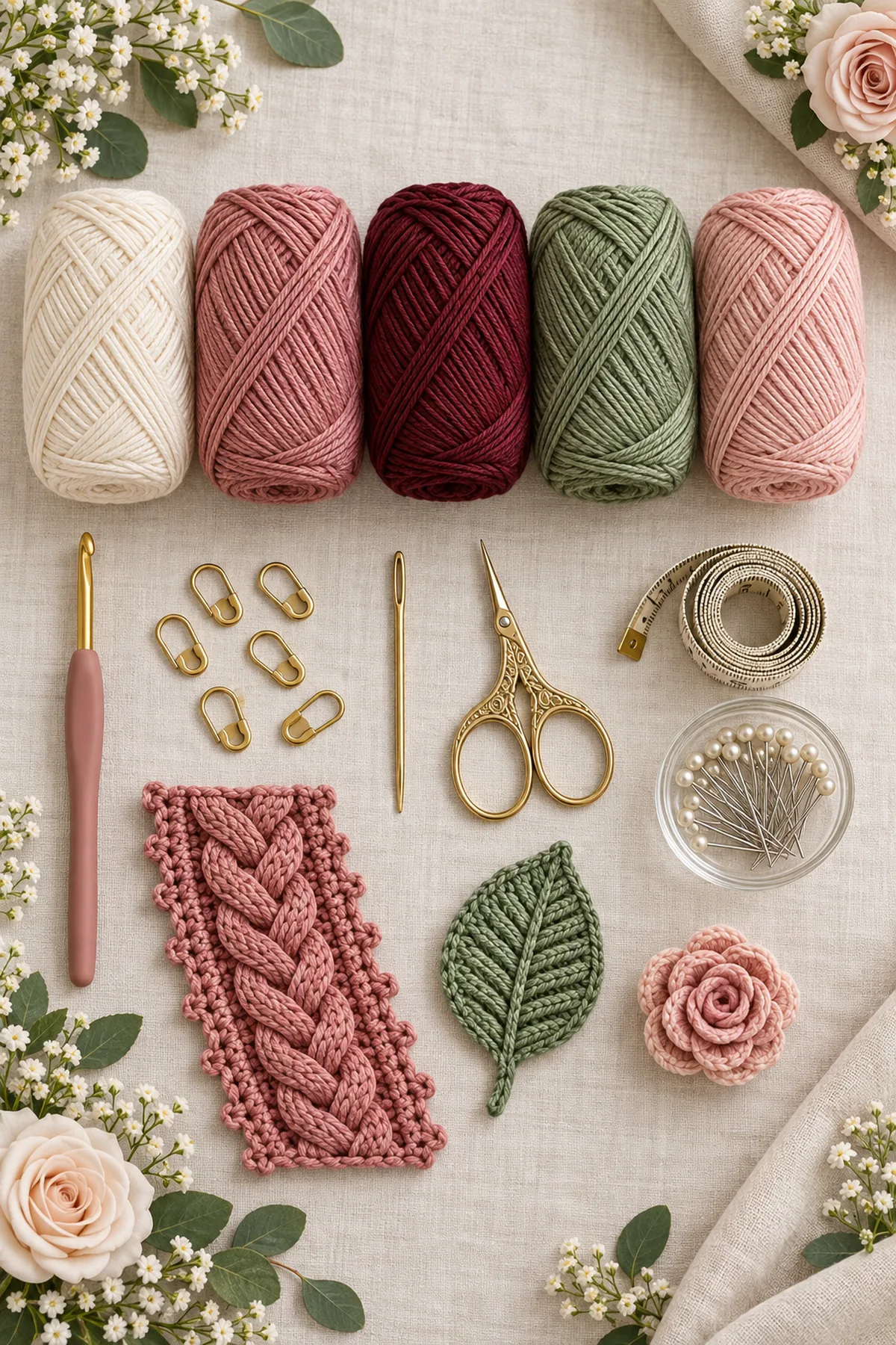 Ivory dusty rose burgundy sage and blush cotton yarn with crochet hook markers needle scissors tape and blocking pins