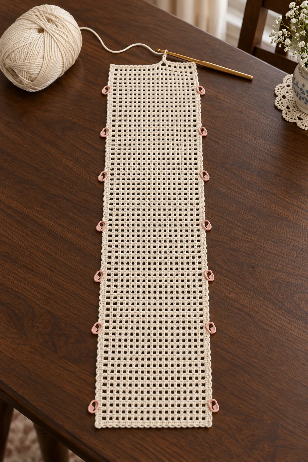 Early ivory 81-position filet mesh panel for the romantic rose garden table runner