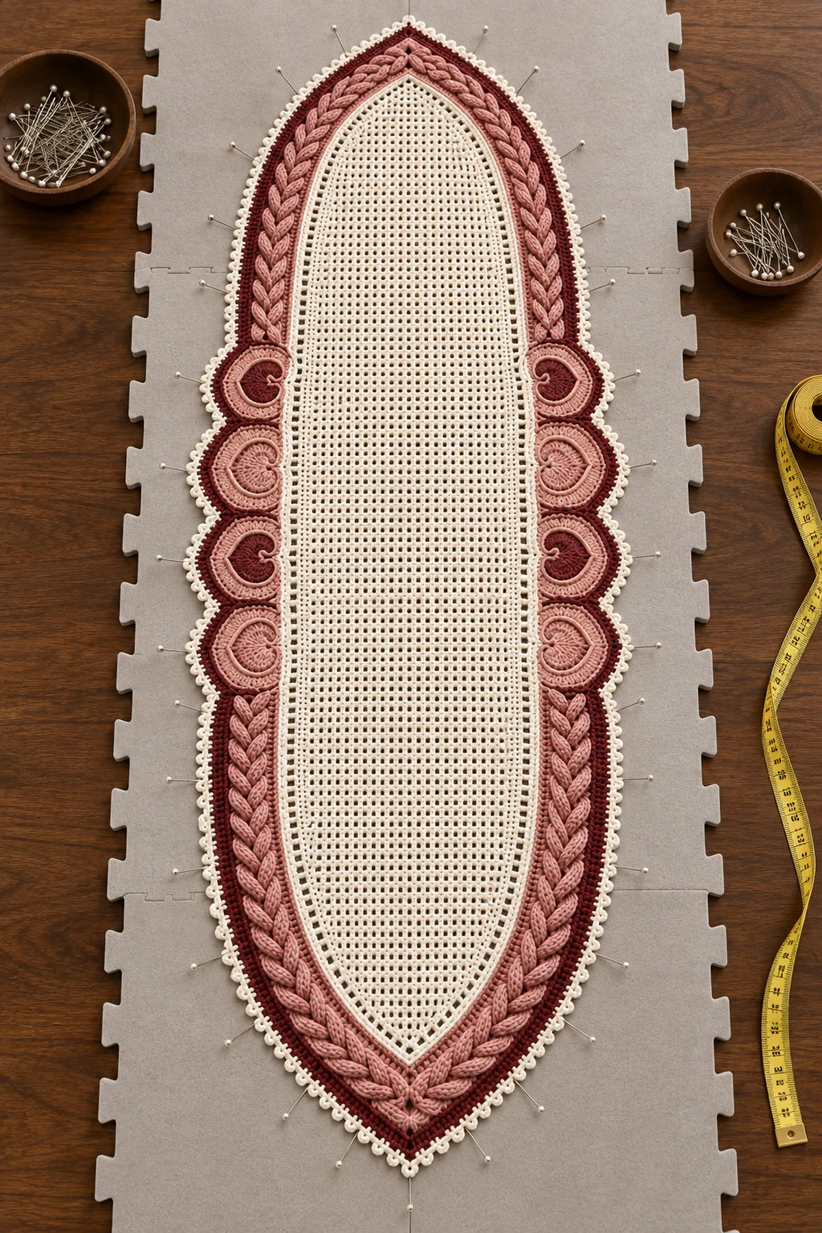 Blocked oval ivory runner base with dusty rose rails and burgundy braided cable borders before floral assembly