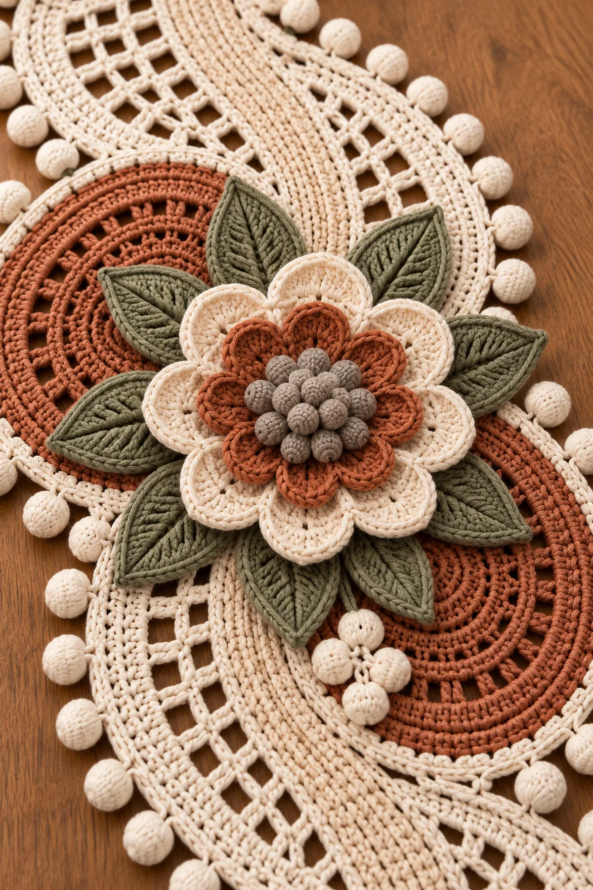 Close-up of layered cream and terracotta crochet flower taupe bobble center sage leaves cream sprigs lace and oat bands