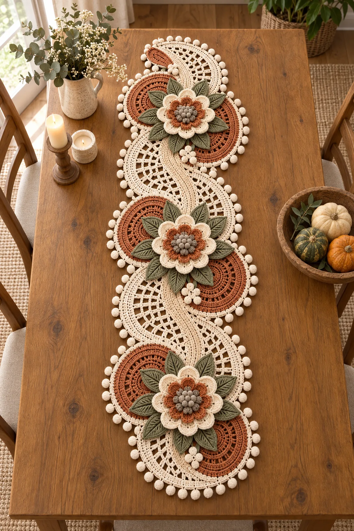 Rustic terracotta cream and sage floral crochet table runner with three layered flowers and a flowing S curve