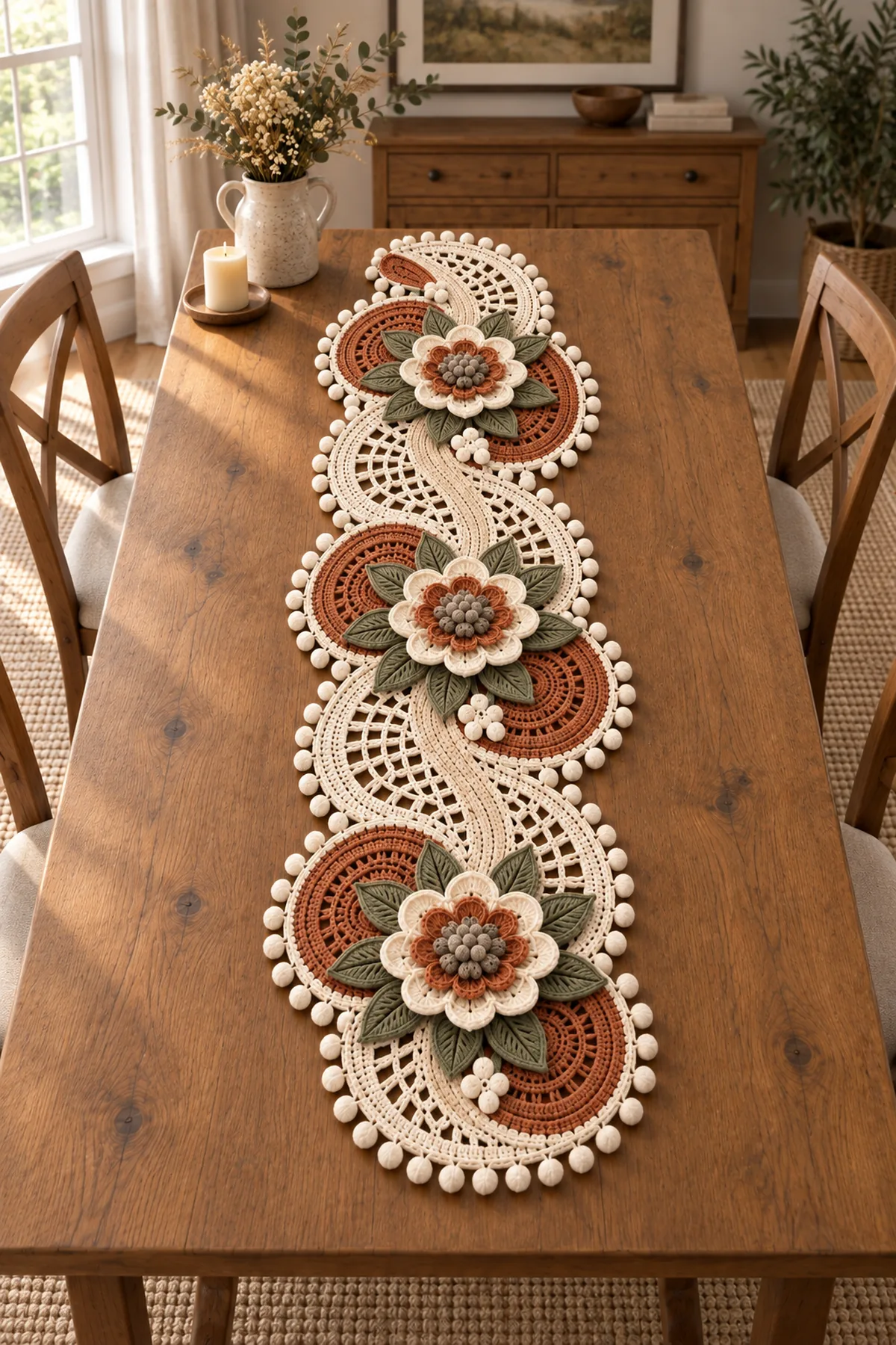 Rustic floral crochet table runner styled lengthwise on a warm wooden dining table