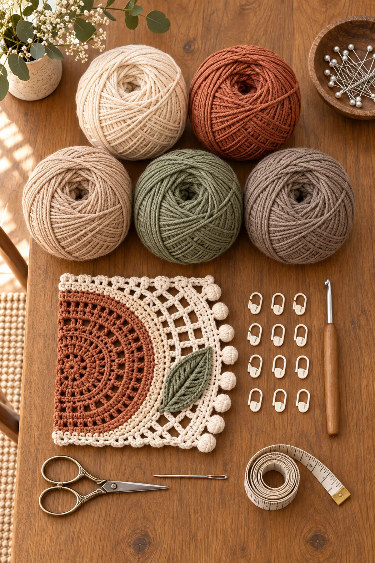 Cream terracotta warm oat sage and taupe cotton yarn with hook markers needle scissors tape and blocking tools