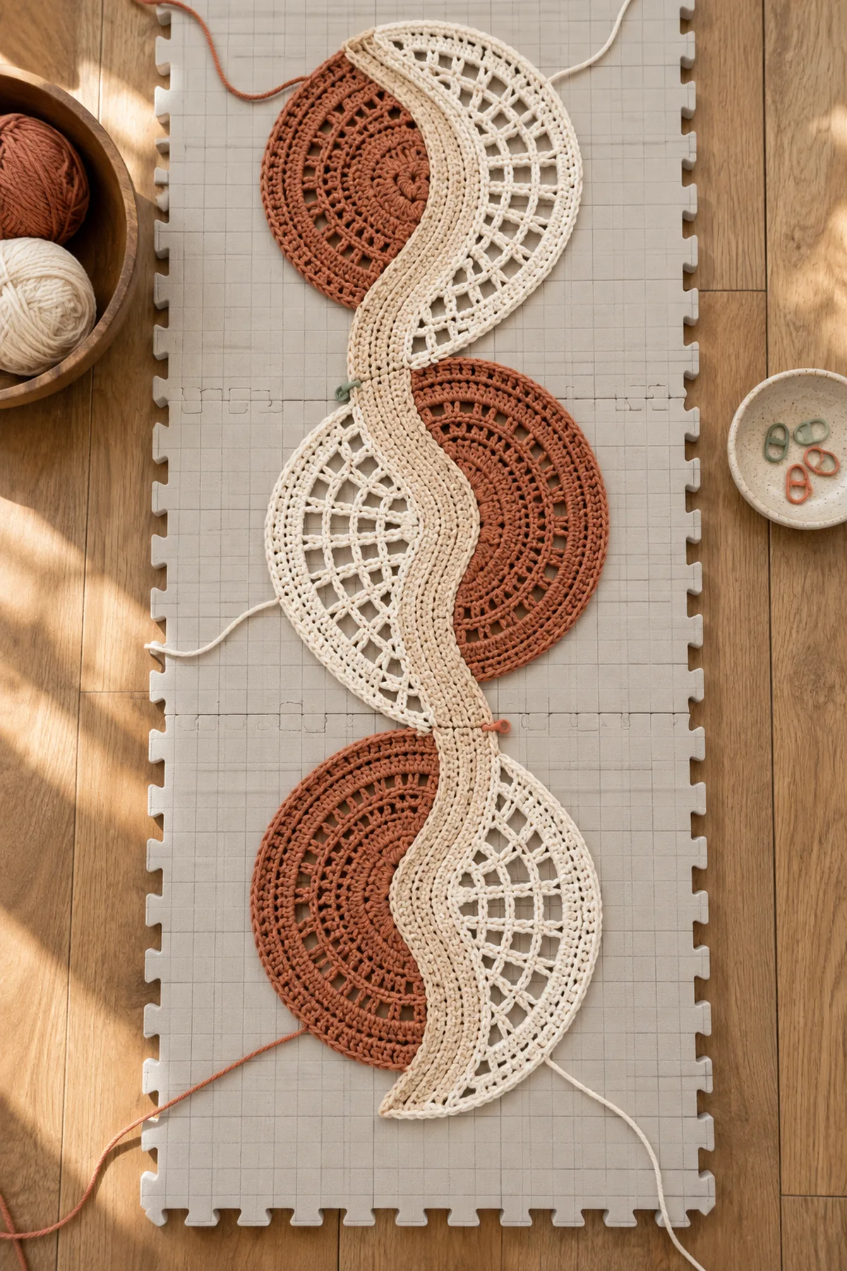 Three blocked rustic fan modules arranged in a flowing S curve before flowers and edging