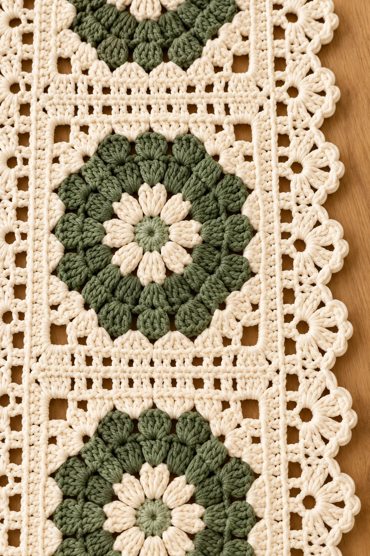 Close view of sage flower petals ivory open filet bands and scalloped edge