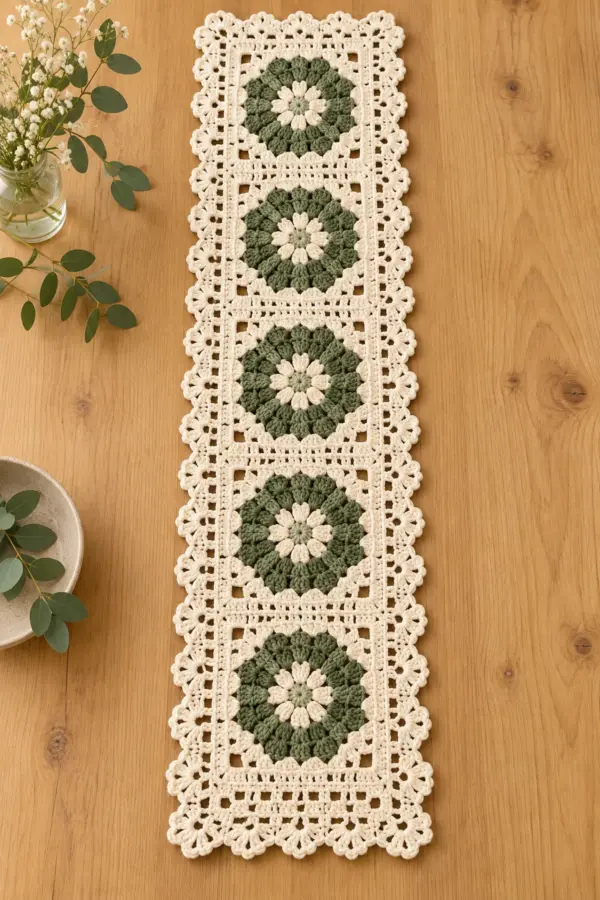 Five sage floral granny squares in a narrow ivory scalloped crochet table runner