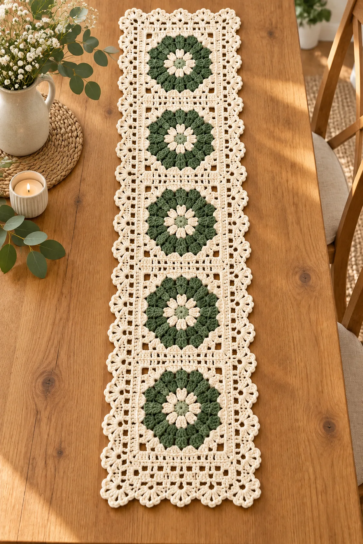Finished five-square sage granny crochet table runner on a wooden dining table