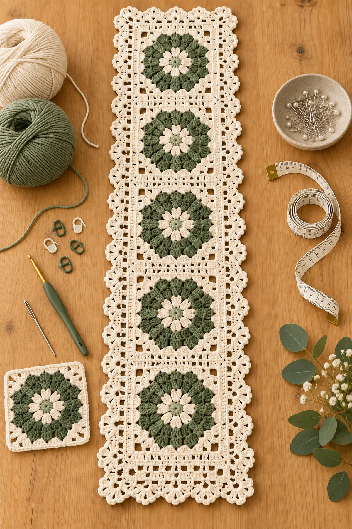 Sage and ivory cotton yarn with crochet hook markers yarn needle and blocking pins