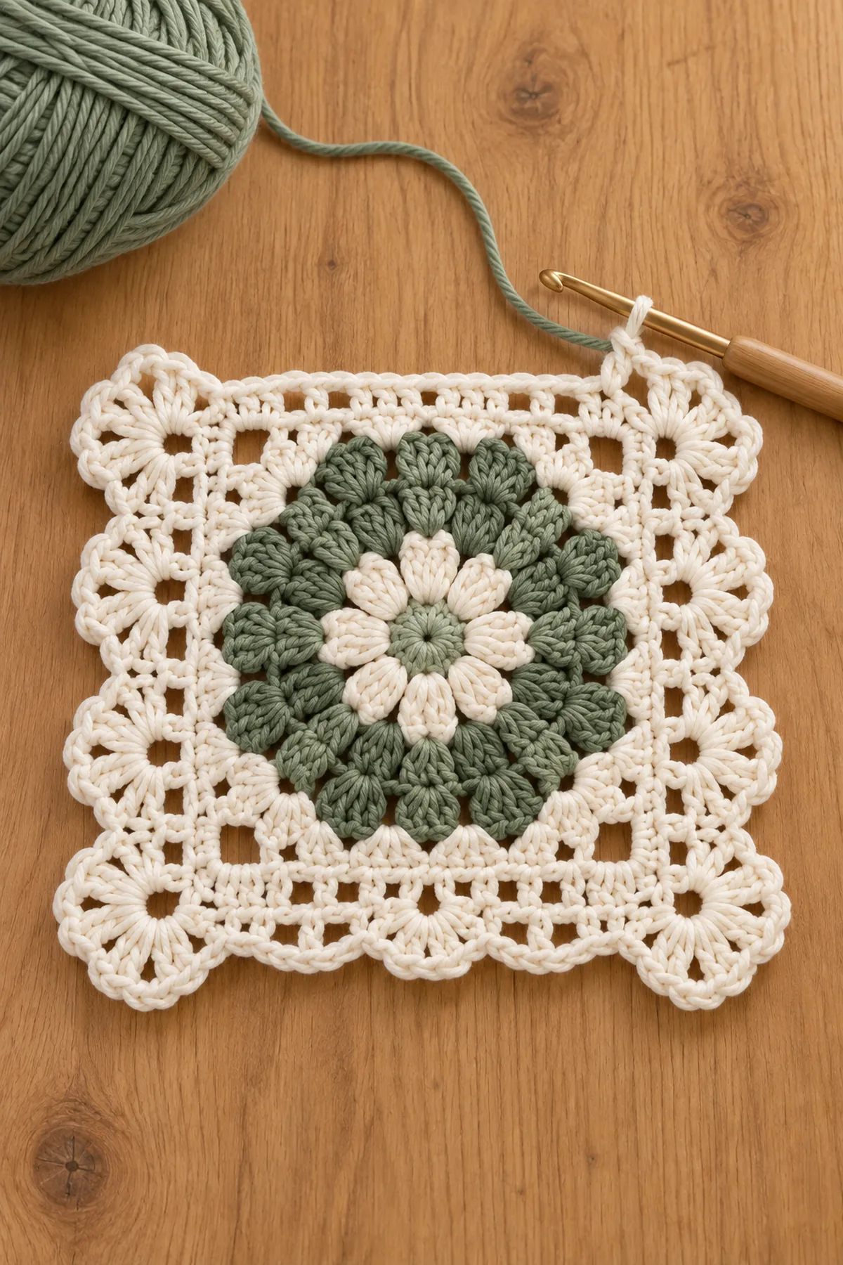 One sage-and-ivory floral granny square in progress with eight petals and four corners