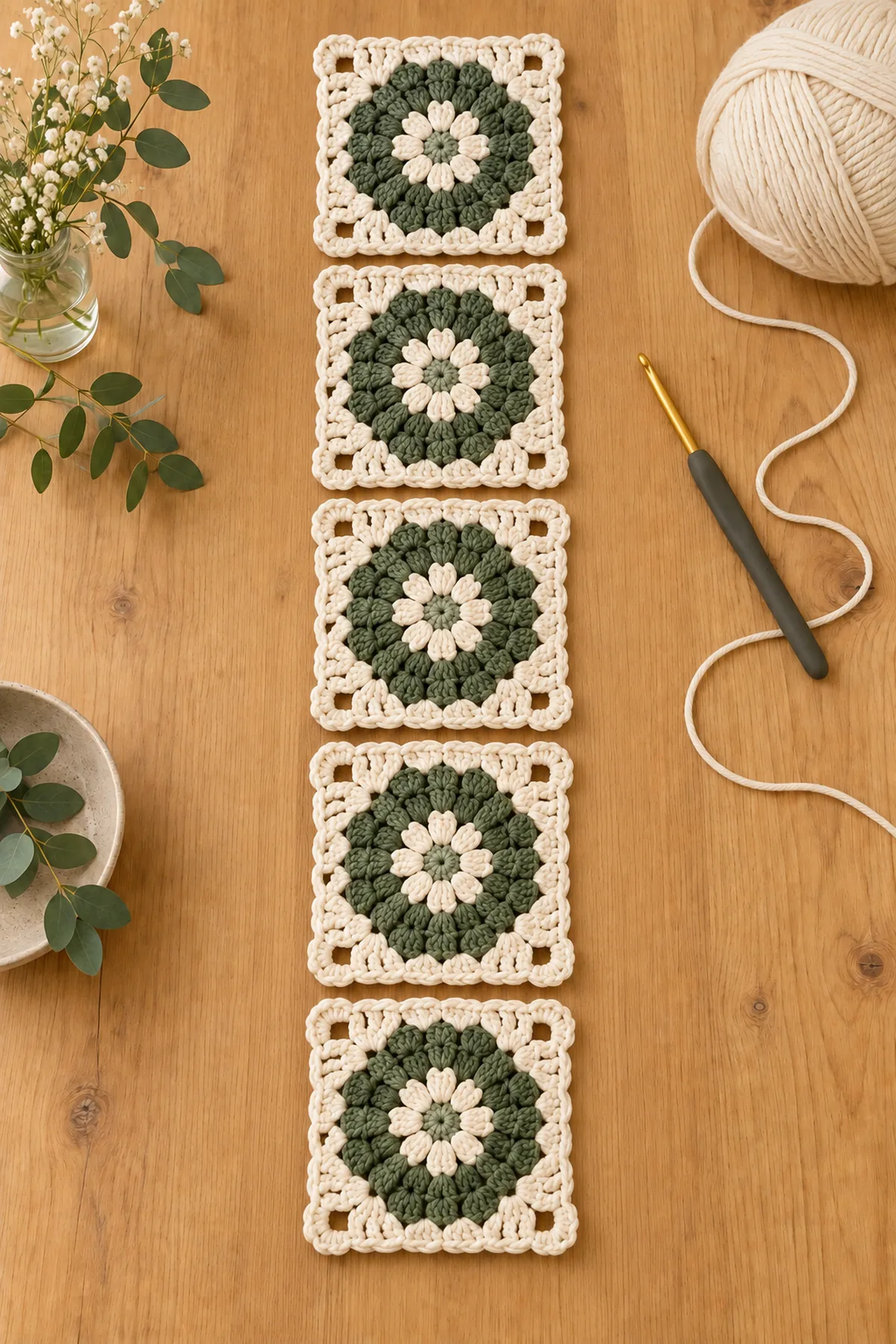 Five matching sage floral crochet squares arranged end to end before joining