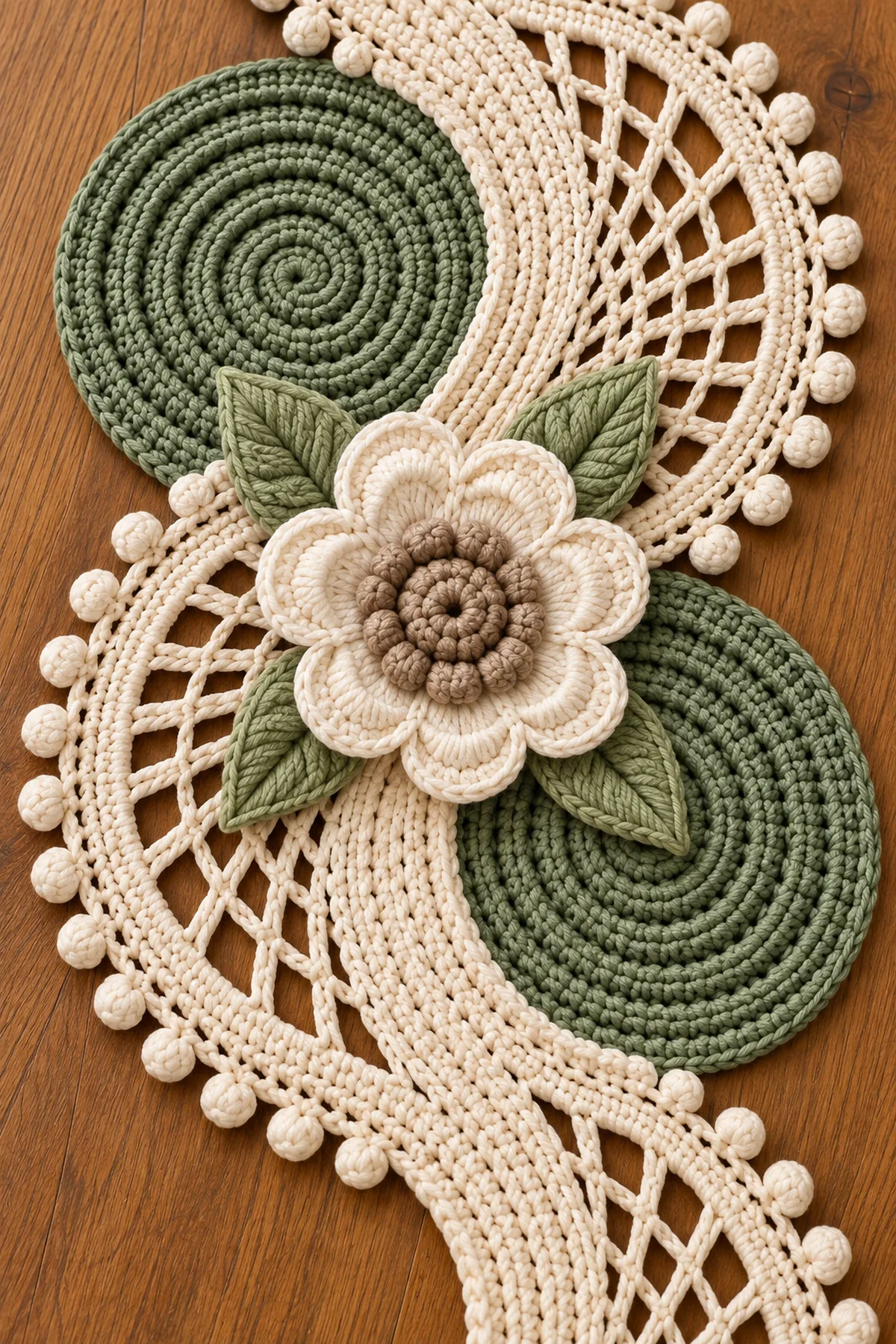 Close-up of cream layered flower taupe popcorn center pale sage leaves green spiral disc lace crescent and bobble edging