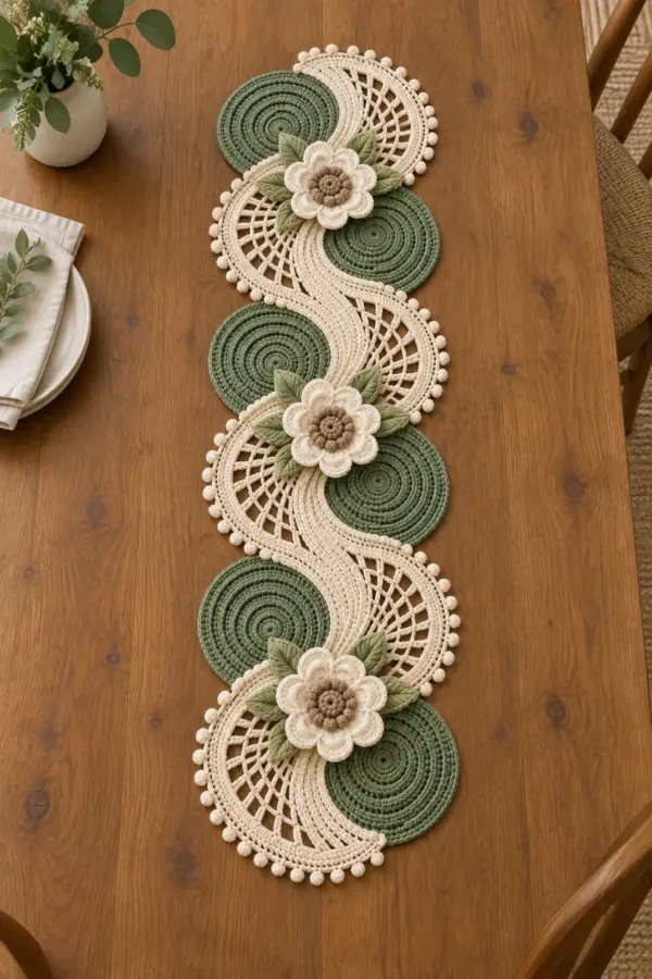 Sage green and cream floral crochet table runner with three dimensional flowers flowing lace fans and bobble edging