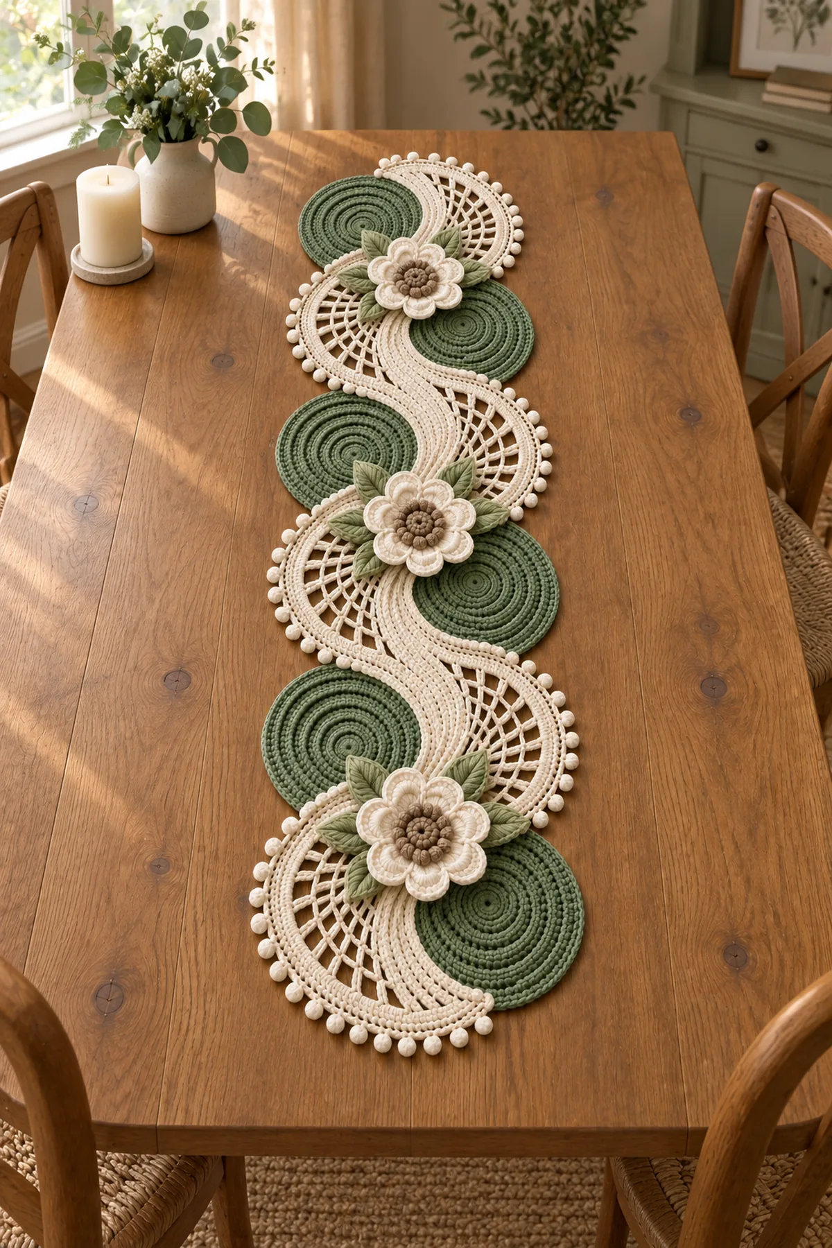 Sage green floral crochet table runner styled lengthwise on a warm wooden dining table