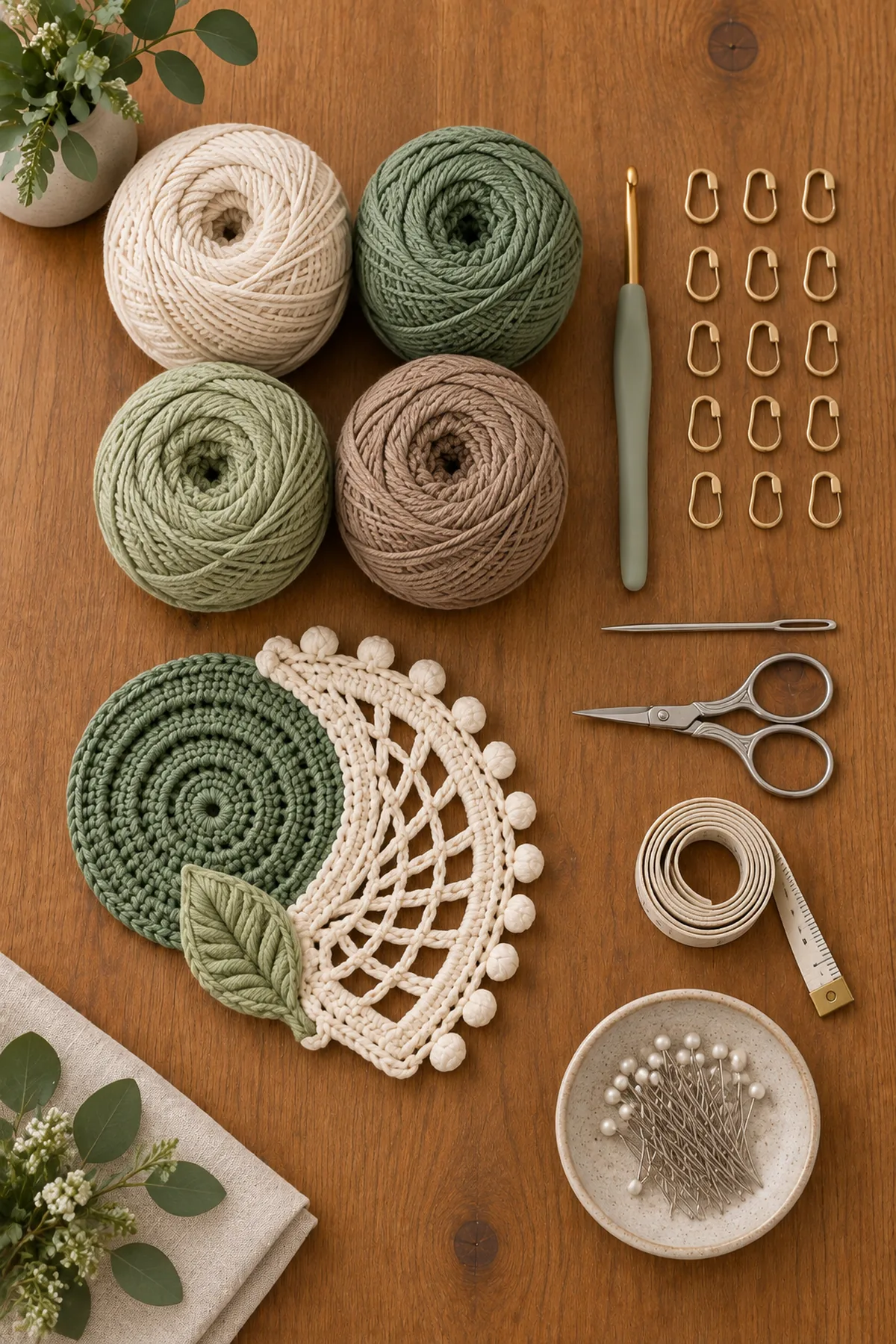 Cream sage green and taupe cotton yarn with crochet hook markers needle scissors tape and blocking pins