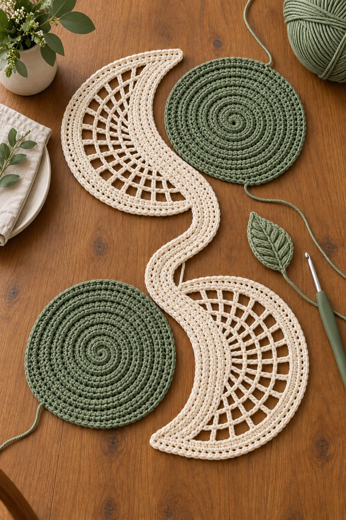 Sage spiral crochet discs and cream open-lace crescent fans in counted construction stages
