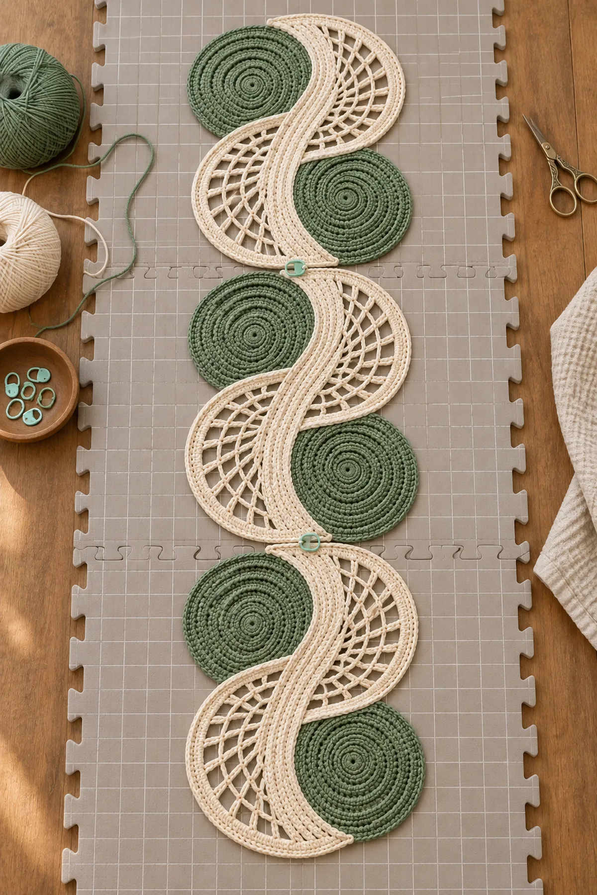 Three blocked sage and cream crochet sections arranged in a flowing S curve before flowers and edging