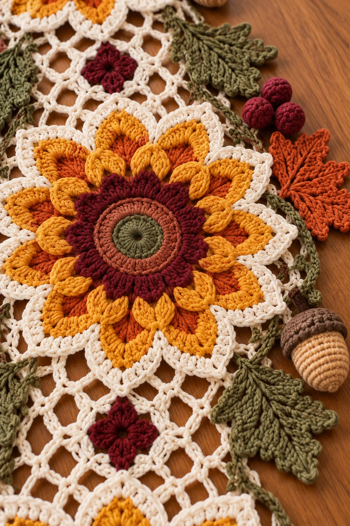 Close view of layered sunflower petals ivory lace olive leaves burgundy berries and crochet acorn