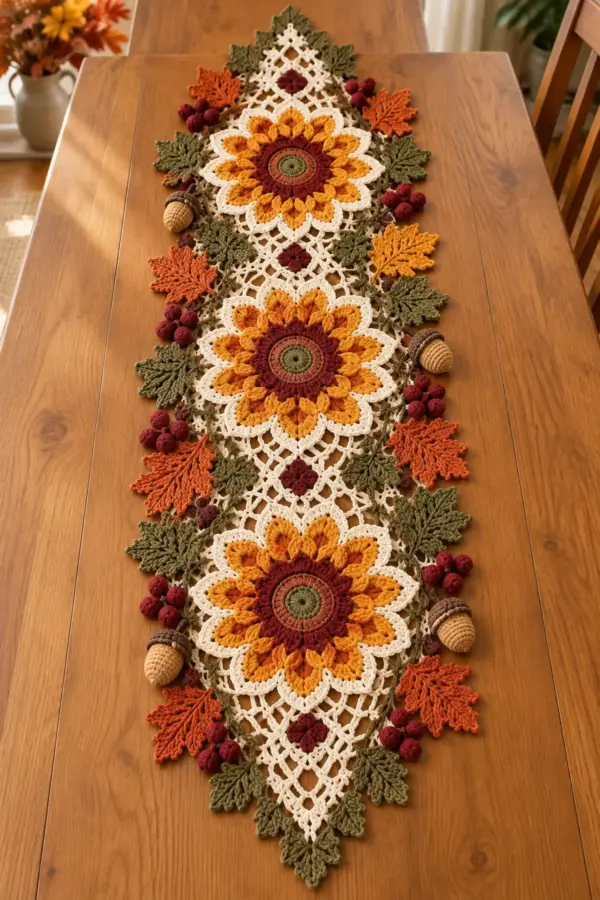 Three golden crochet sunflowers on an ivory lace table runner with autumn leaves berries and acorns