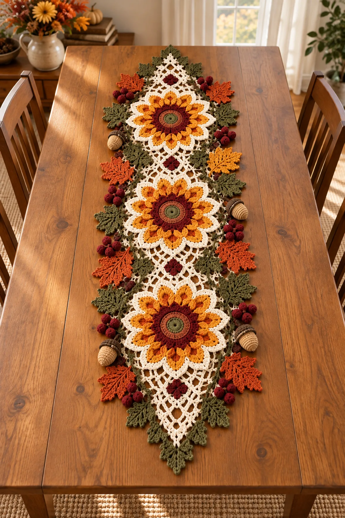 Finished sunflower lace crochet table runner styled on a warm wooden autumn table