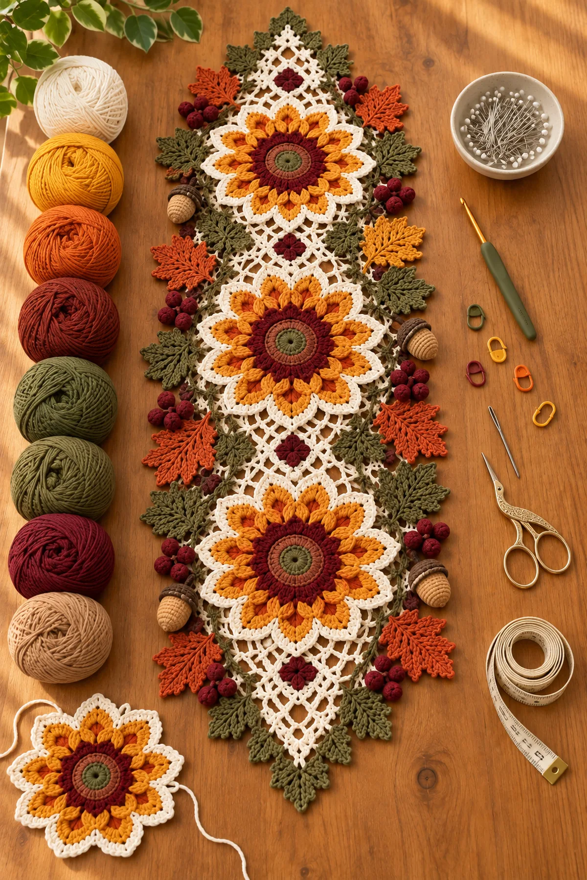 Ivory gold orange rust olive burgundy and tan cotton yarn with crochet hook and blocking tools