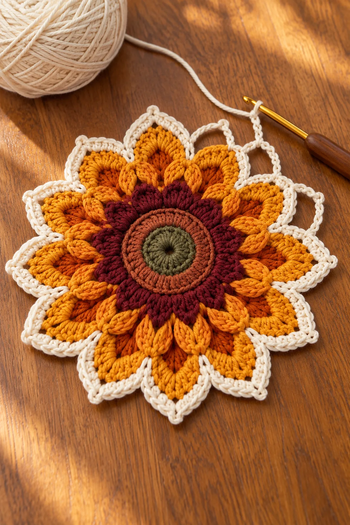 Layered twelve-petal golden crochet sunflower medallion in progress with rust and green center