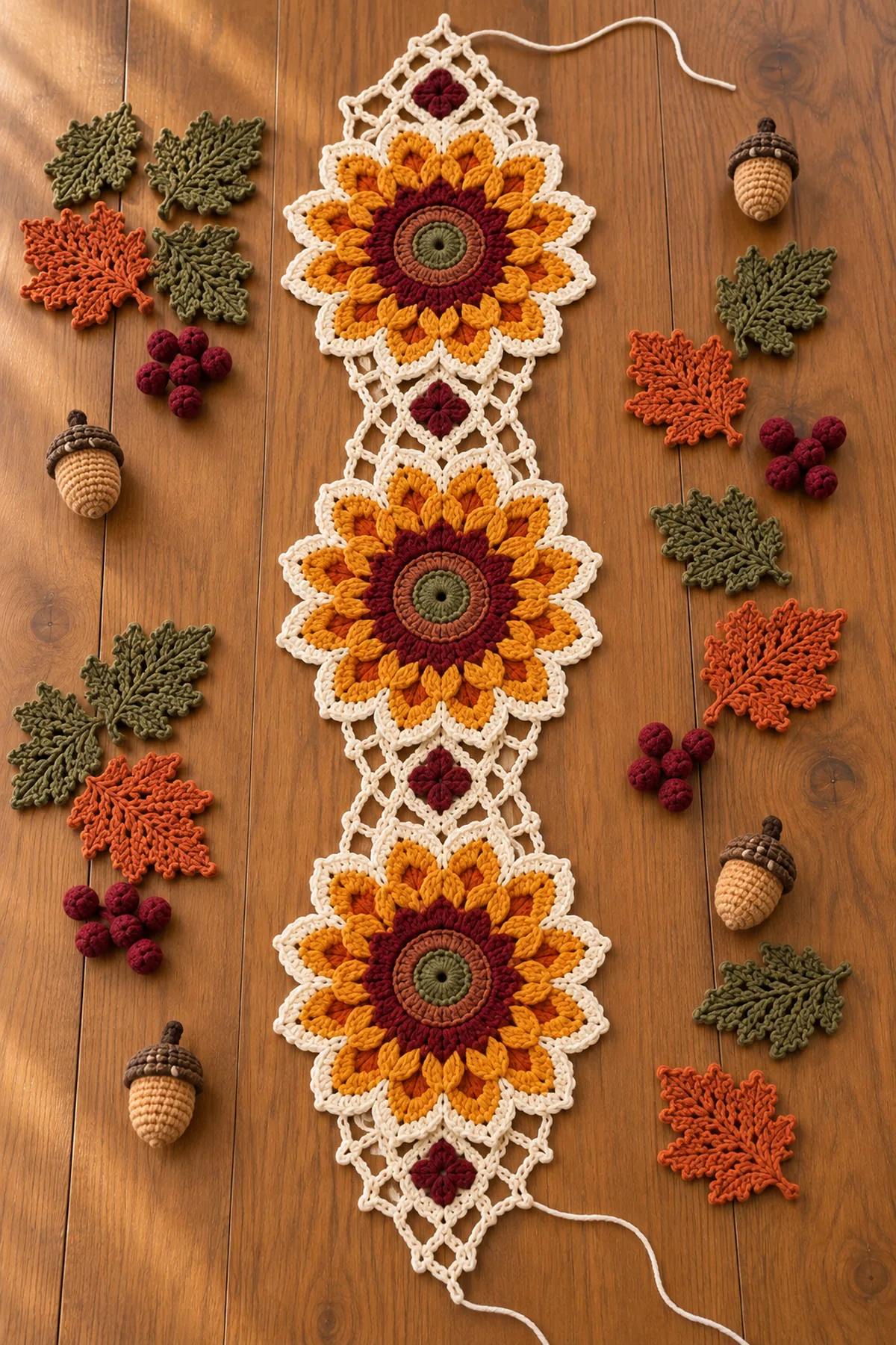 Three sunflower medallions joined in one line with open ivory chain-space lace