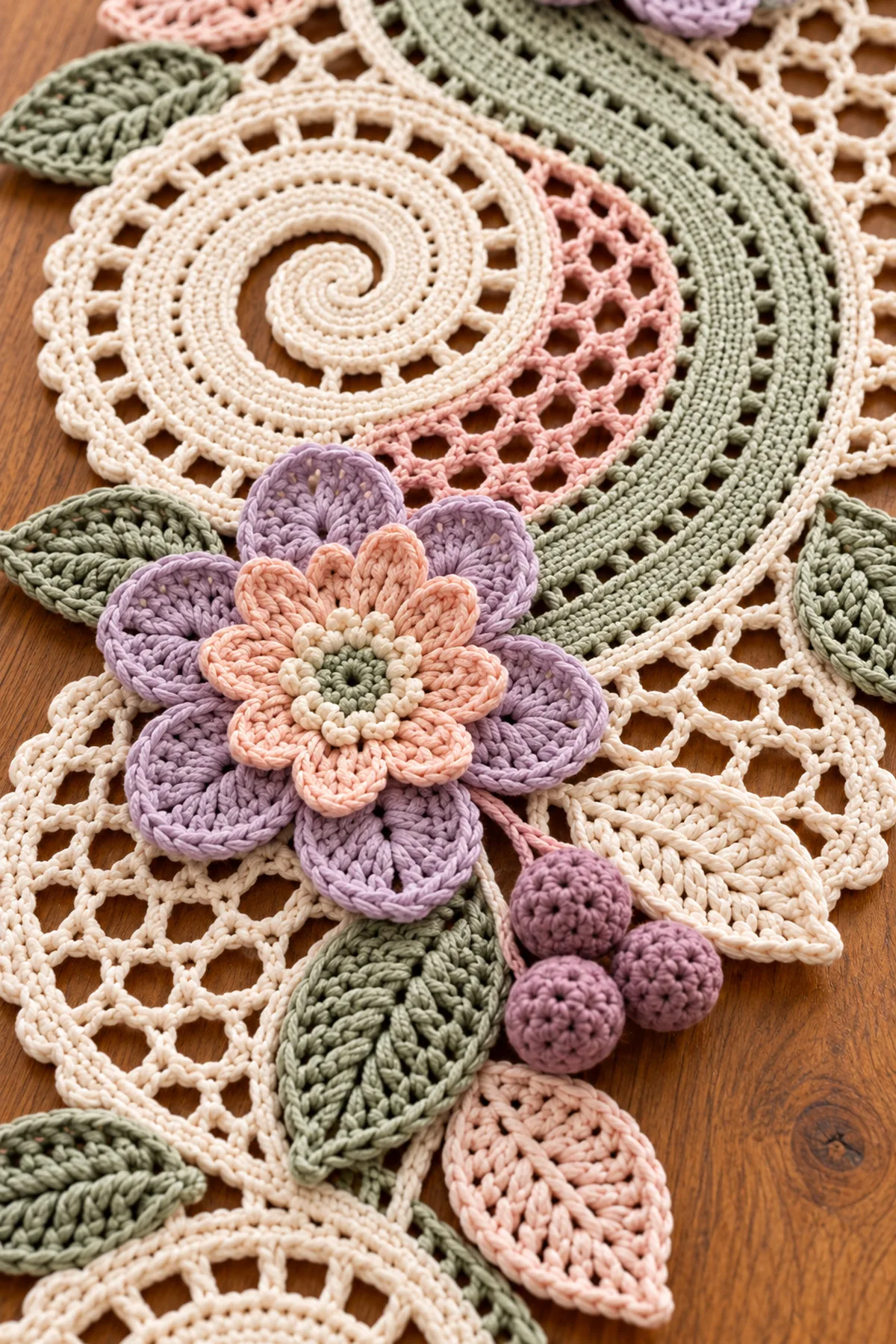 Close view of varied layered lilac peach crochet flower fan lace mixed leaves and mauve berry cluster