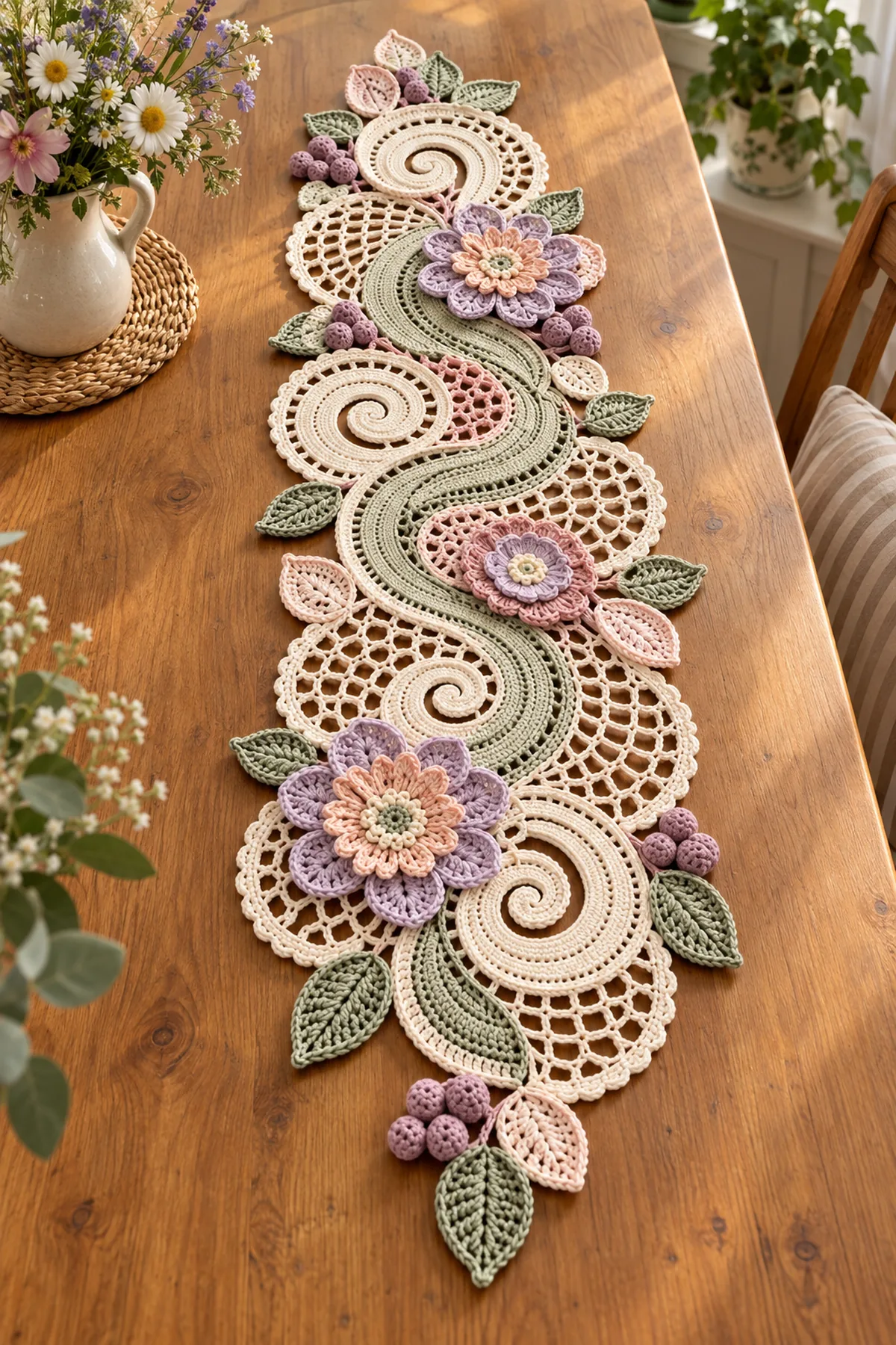 Four-scroll vintage crochet table runner with ivory fan lace sage bands varied lilac peach flowers and mauve berries
