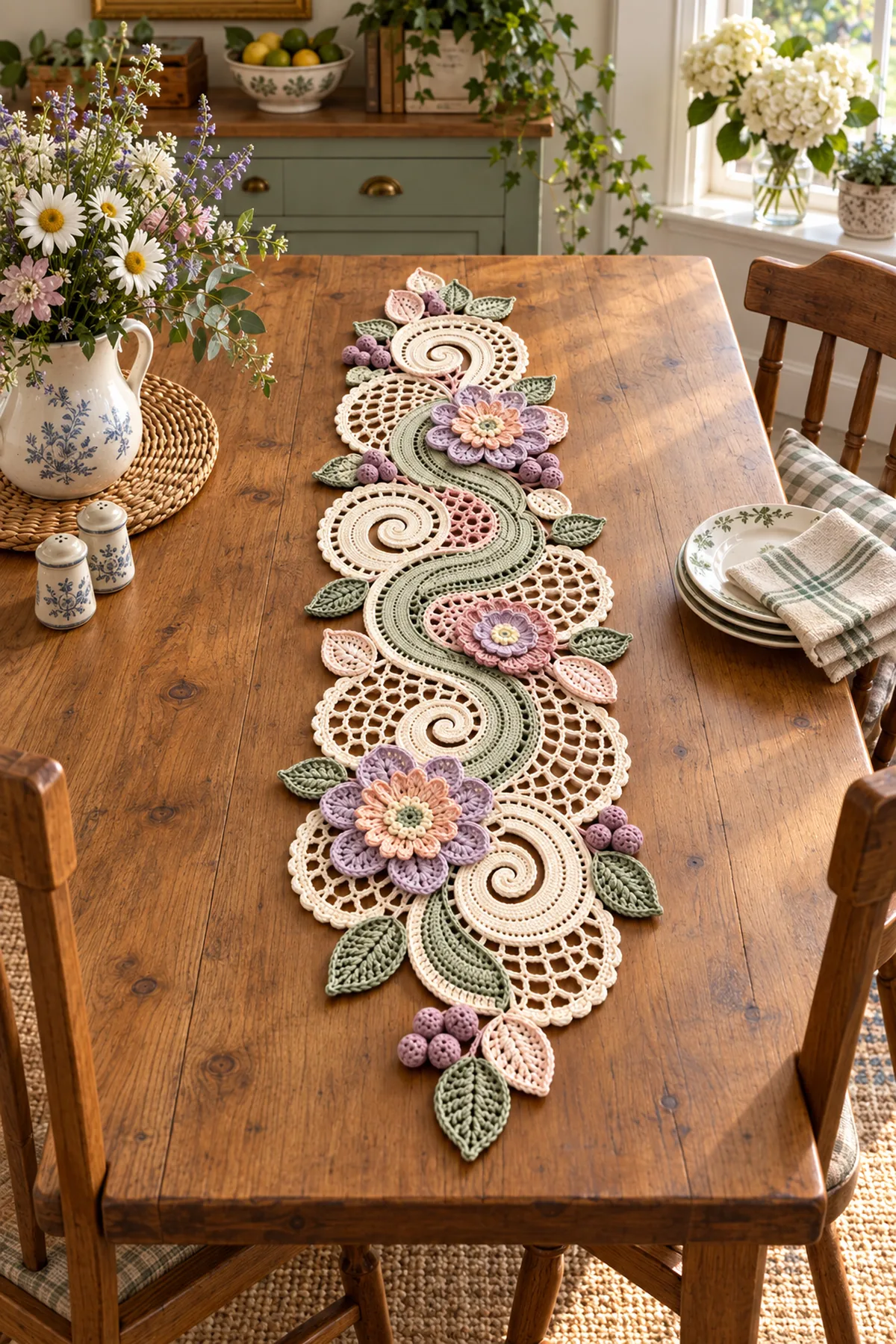 Finished four-scroll vintage floral lace crochet table runner styled on a warm wooden dining table