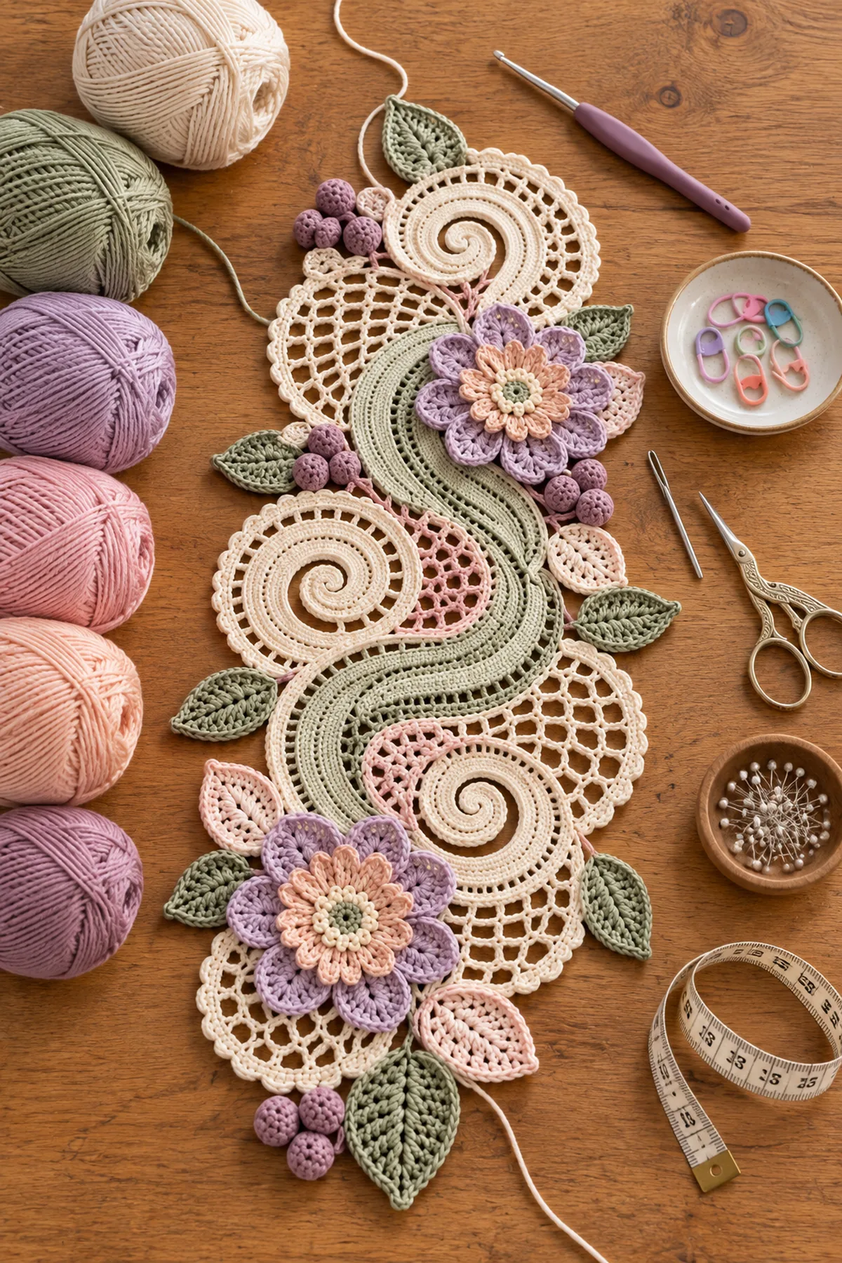 Ivory sage lilac blush peach and mauve cotton yarn with hook markers and blocking tools