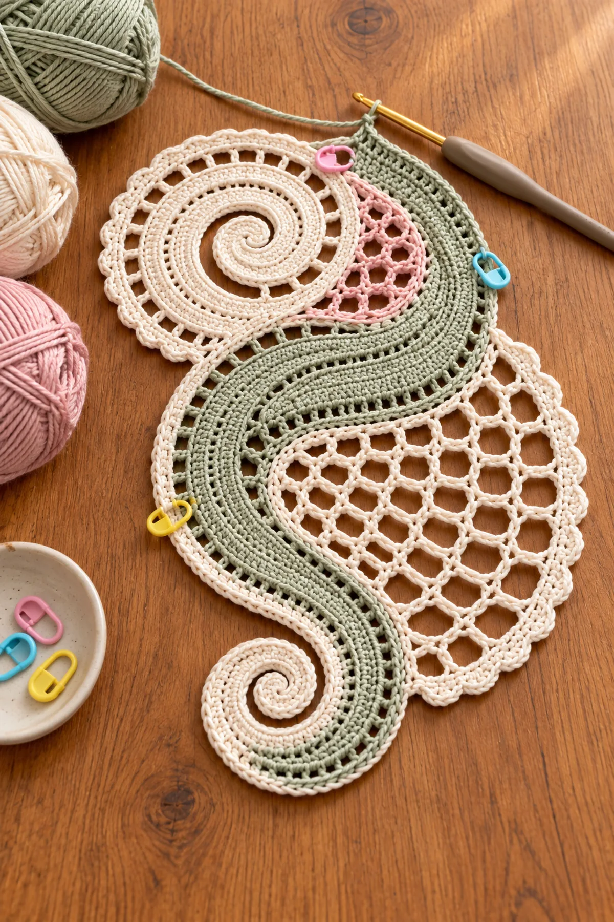 Single ivory and sage crochet spiral-paisley panel with broad fan lace and blush mesh inset