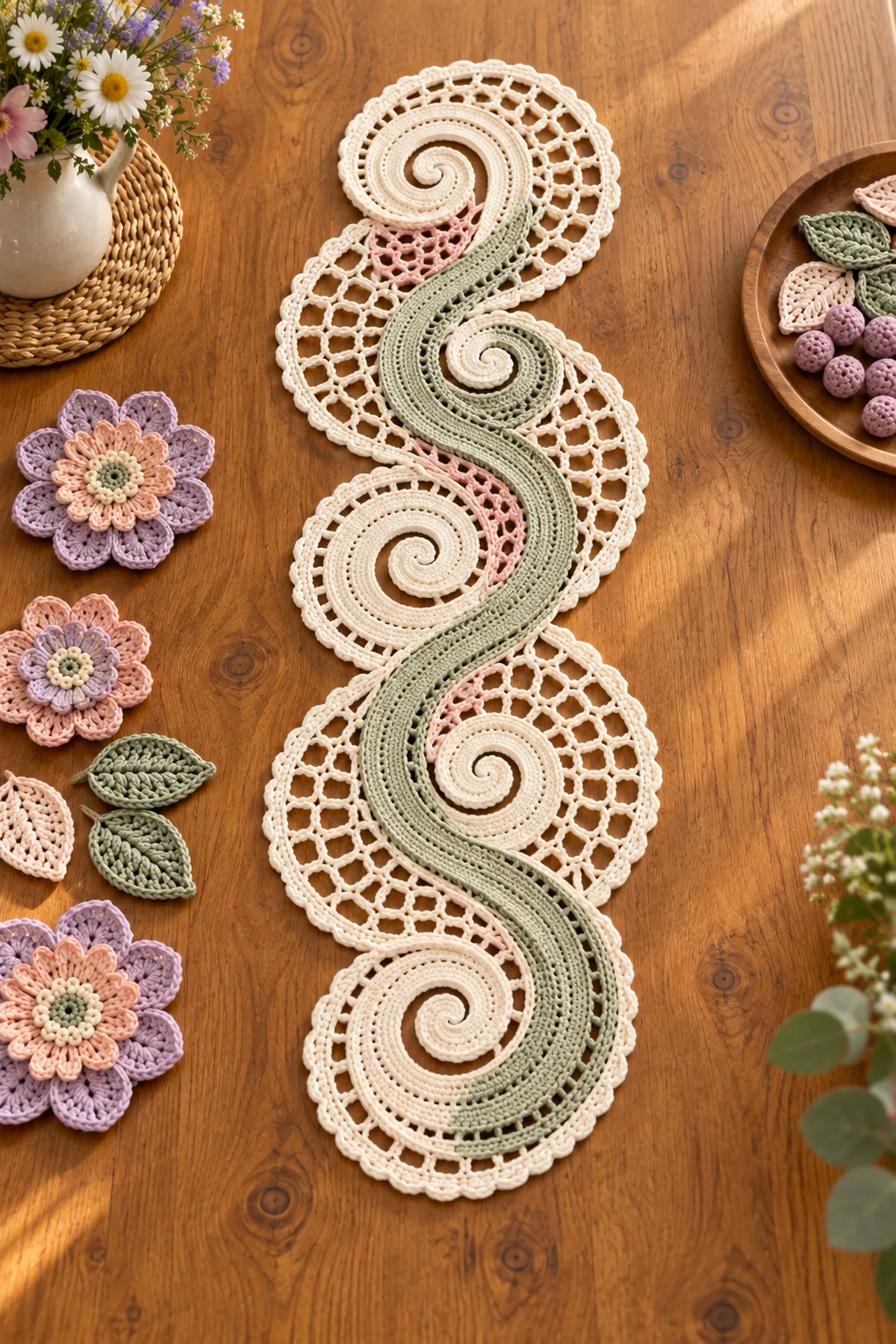 Four alternating crochet scroll panels joined into one continuous S-shaped table runner before flowers