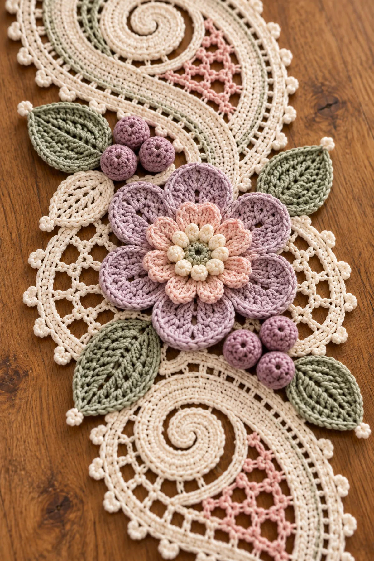 Close-up of layered lilac and blush crochet flower cream popcorn center sage leaves mauve berries ivory spiral and picot lace