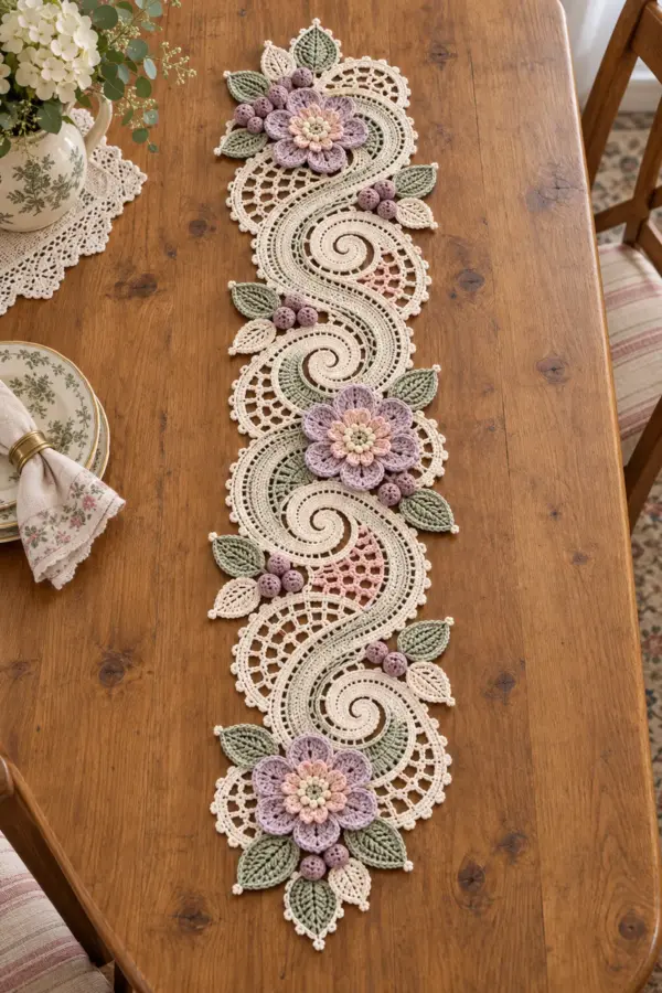 Vintage ivory spiral lace table runner with layered lilac flowers sage leaves blush fans and mauve berry clusters